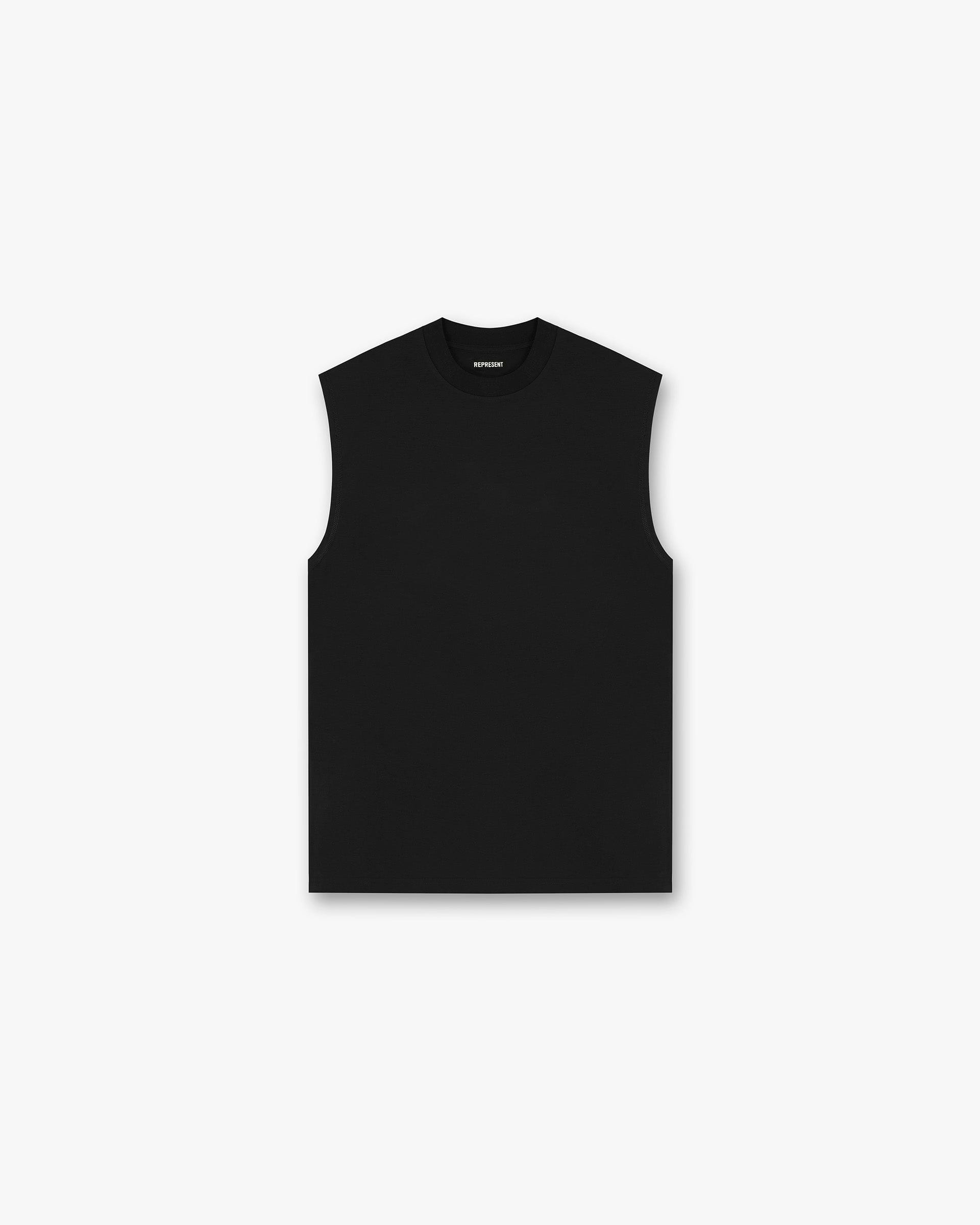 Front product image of a mens black tank on a plain white background | 247 DNA Oversized Tank in Black | Knitted tank with ribbed neckline | 247 T-Shirts | Represent Clo