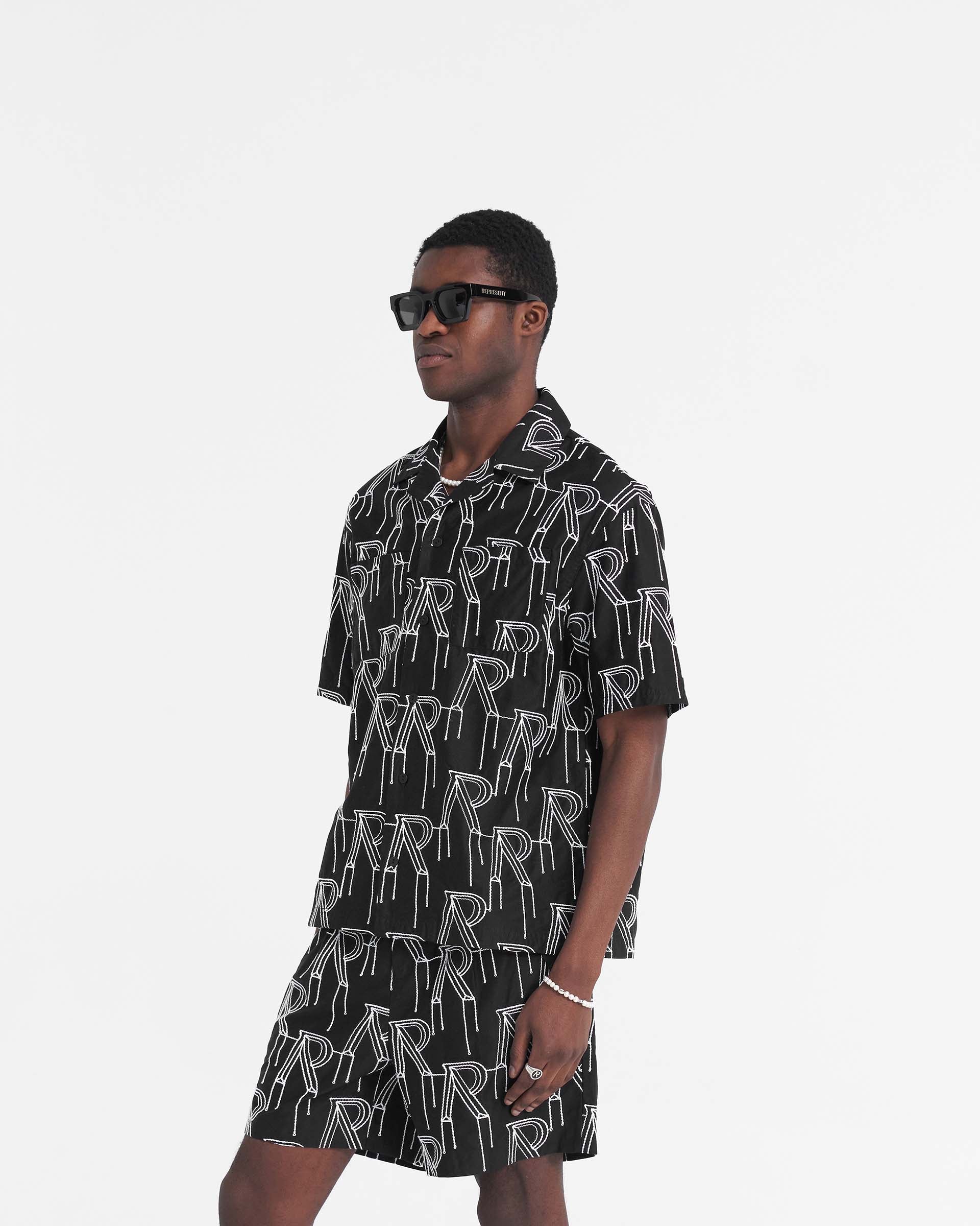 Back product image of a mens black oversized shirt on a plain white background | Embroidered Initial Overshirt in Black | Shirt with chain stitch embroidery and revere collar | SS24 Shirts | Represent Clo