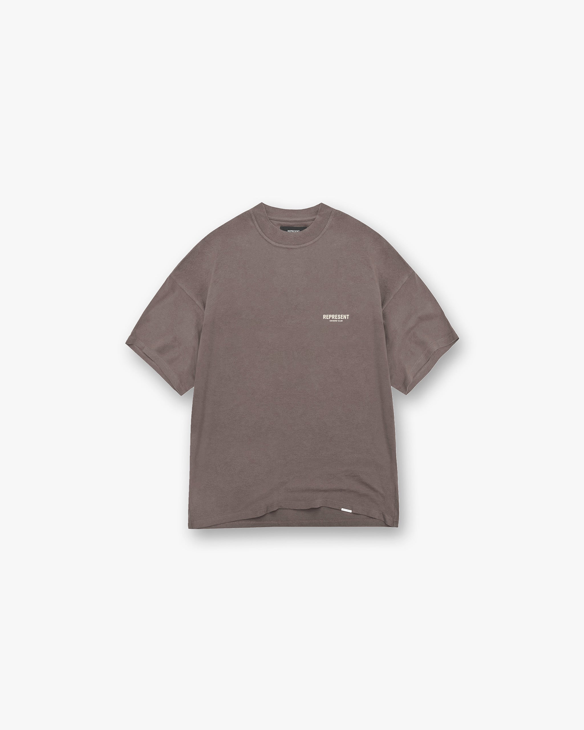 Back product image of a mens grey t-shirt on a plain white background | Represent Owners Club T-Shirt in Fog | Oversized t-shirt with pigment wash and Owners Club branding | Owners Club T-Shirts | Represent Clo