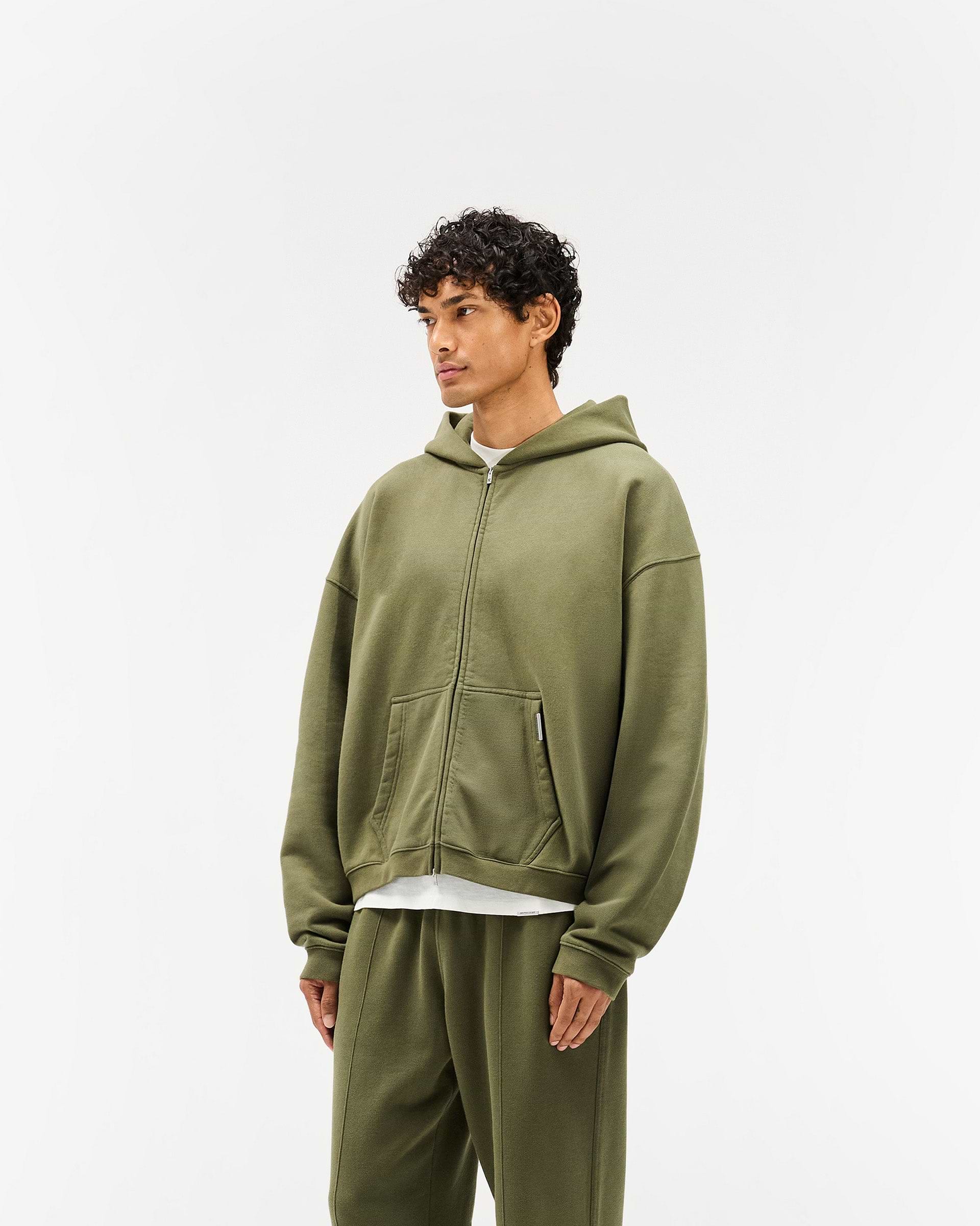Initial Boxy Zip Through Hoodie - Army Green