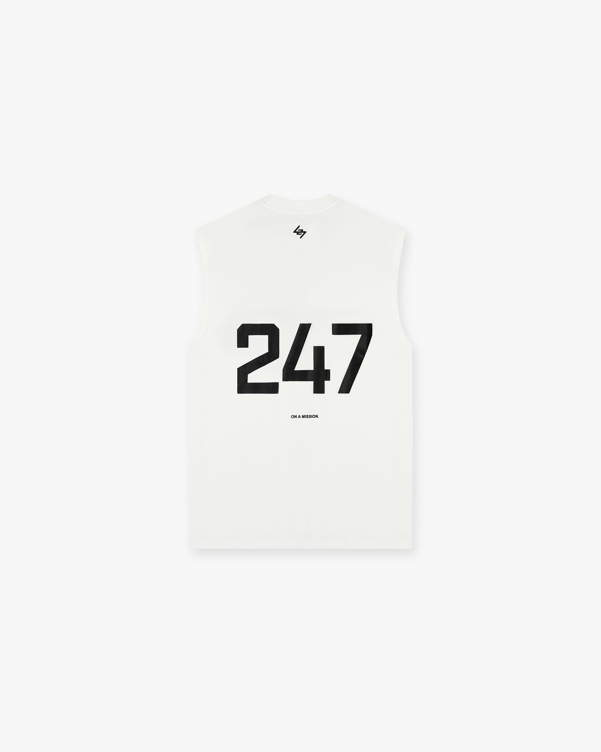 Back product image of a mens white tank top on a plain white background | 247 Oversized Tank in Flat White | Oversized tank with 4-way stretch and logo detailing | 247 T-Shirts | Represent Clo