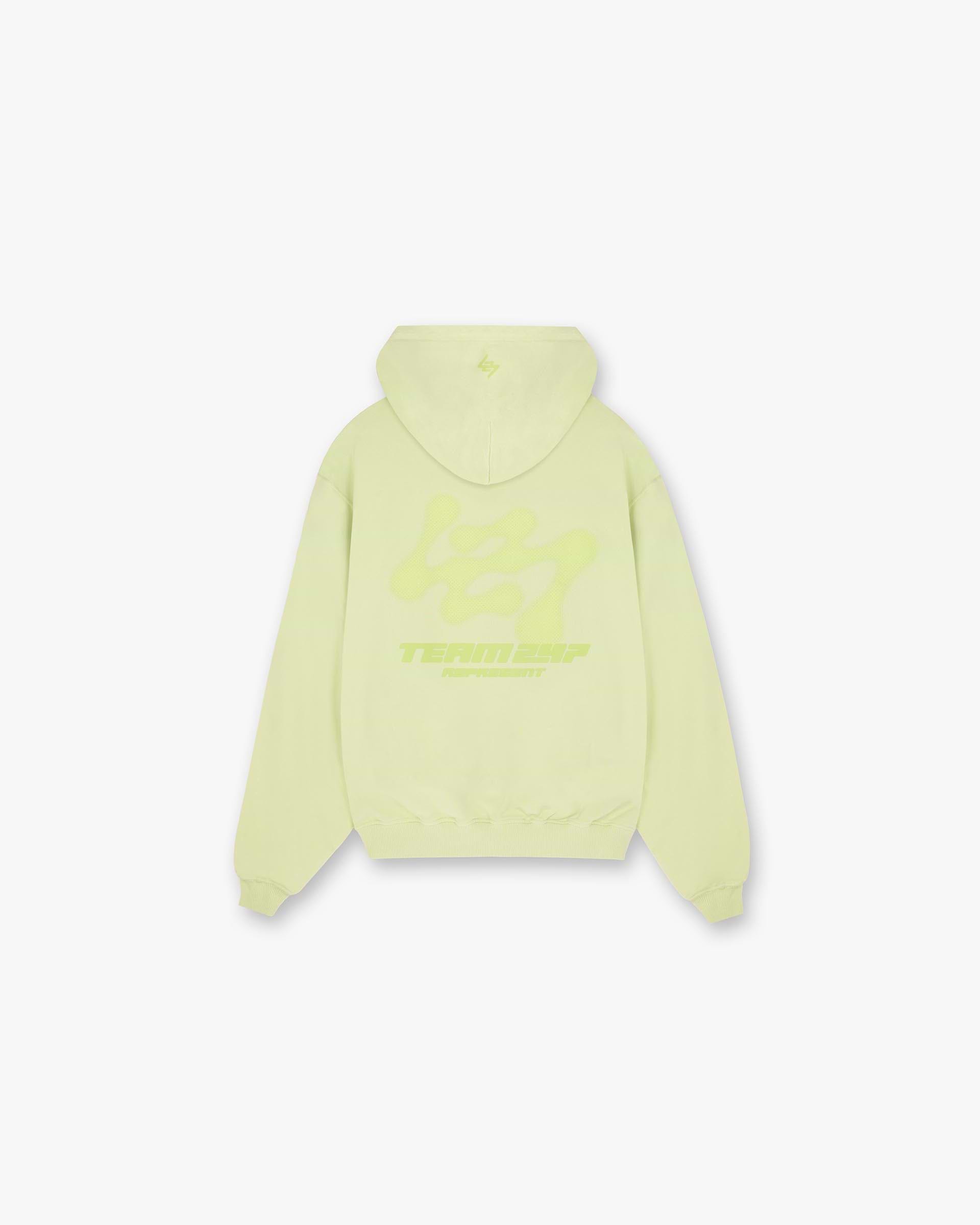 Back product image of a mens green hoodie on a plain white background | 247 Future Terrains Oversized Hoodie in Shadow Lime | Oversized hoodie with 247 logo and ribbed hem | 247 Hoodies | Represent Clo