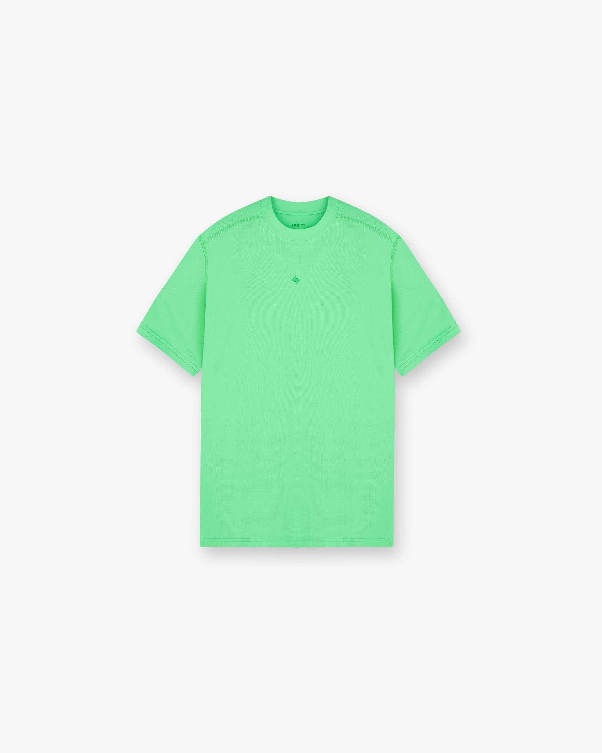 Back product image of a mens green t-shirt on a plain white background | 247 Contour Run T-Shirt in Speed Green | Breathable mesh running t-shirt with contour print | 247 T-Shirts | Represent Clo