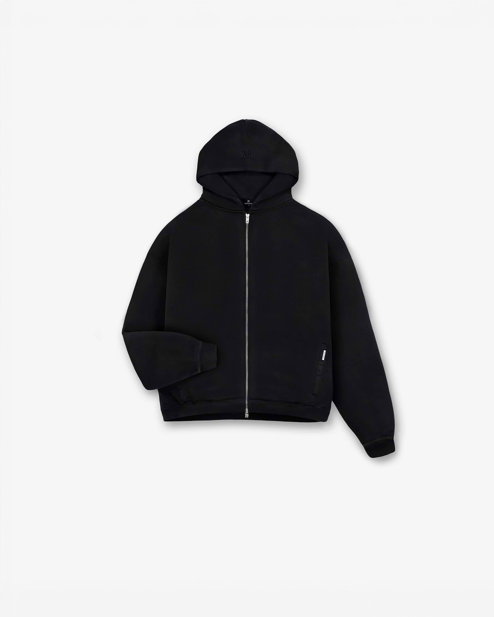 Front product image of a mens black hoodie on a plain white background | Initial Boxy Zip Through Hoodie in Black | Boxy zip through hoodie | Initial Hoodies | Represent Clo