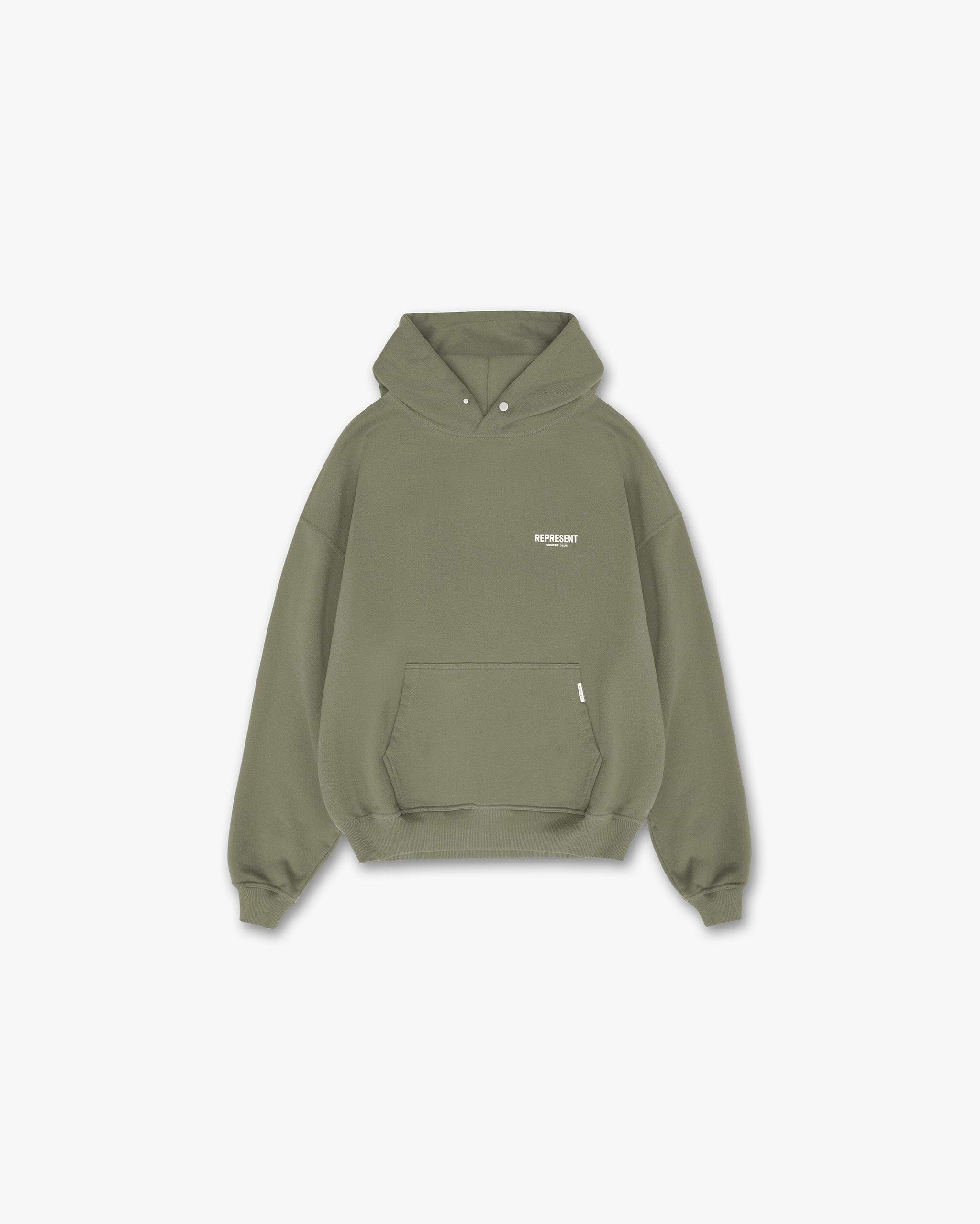 Back product image of a mens olive hoodie on a plain white background | Represent Owners Club Hoodie in Olive | Oversized hoodie with ribbed trims and Cobrax popper | Owners Club Hoodies | Represent Clo