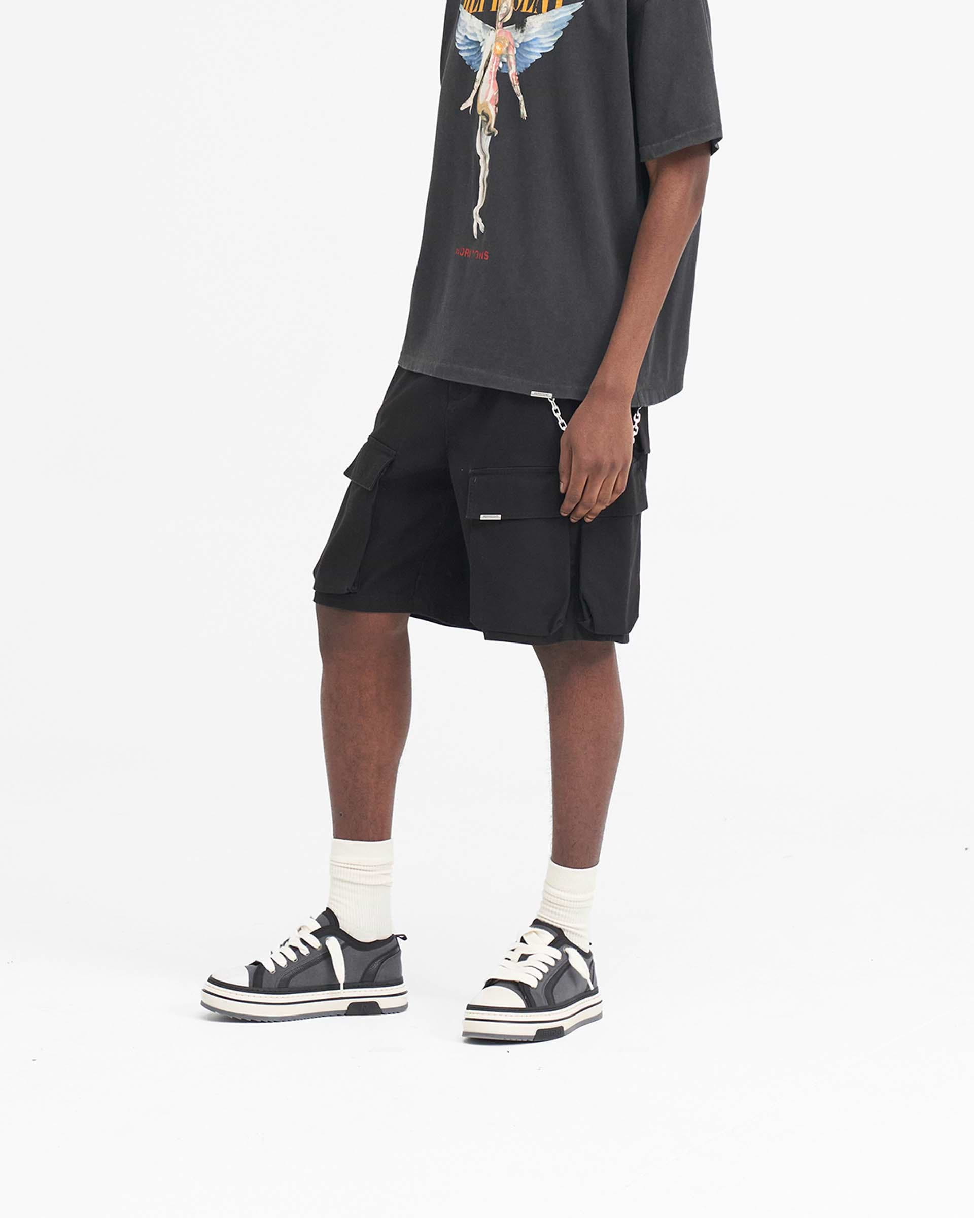 Back product image of mens black cargo shorts on a plain white background | Baggy Cotton Cargo Short in Black | Baggy fit with oversized 3D pockets | SS24 Shorts | Represent Clo