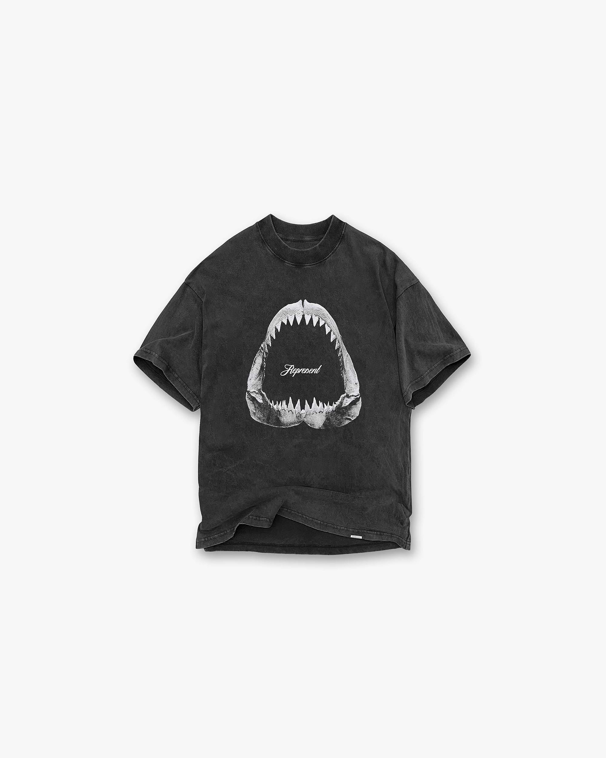 Front product image of a mens grey t-shirt on a plain white background | Shark Jaws T-Shirt in Vintage Grey | Graphic t-shirt with unique shark jaws design | SS23 T-Shirts | Represent Clo
