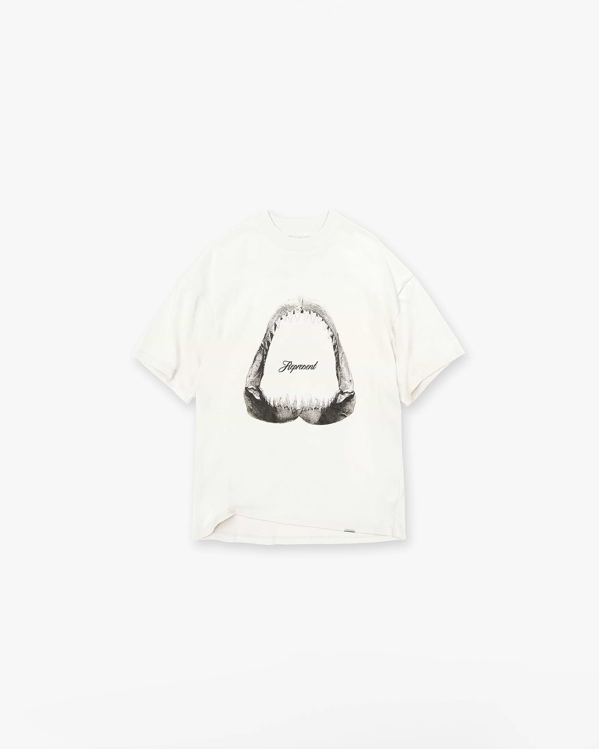 Front product image of a mens white t-shirt on a plain white background | Shark Jaws T-Shirt in Flat White | Slim fit t-shirt with graphic design | SS23 T-Shirts | Represent Clo