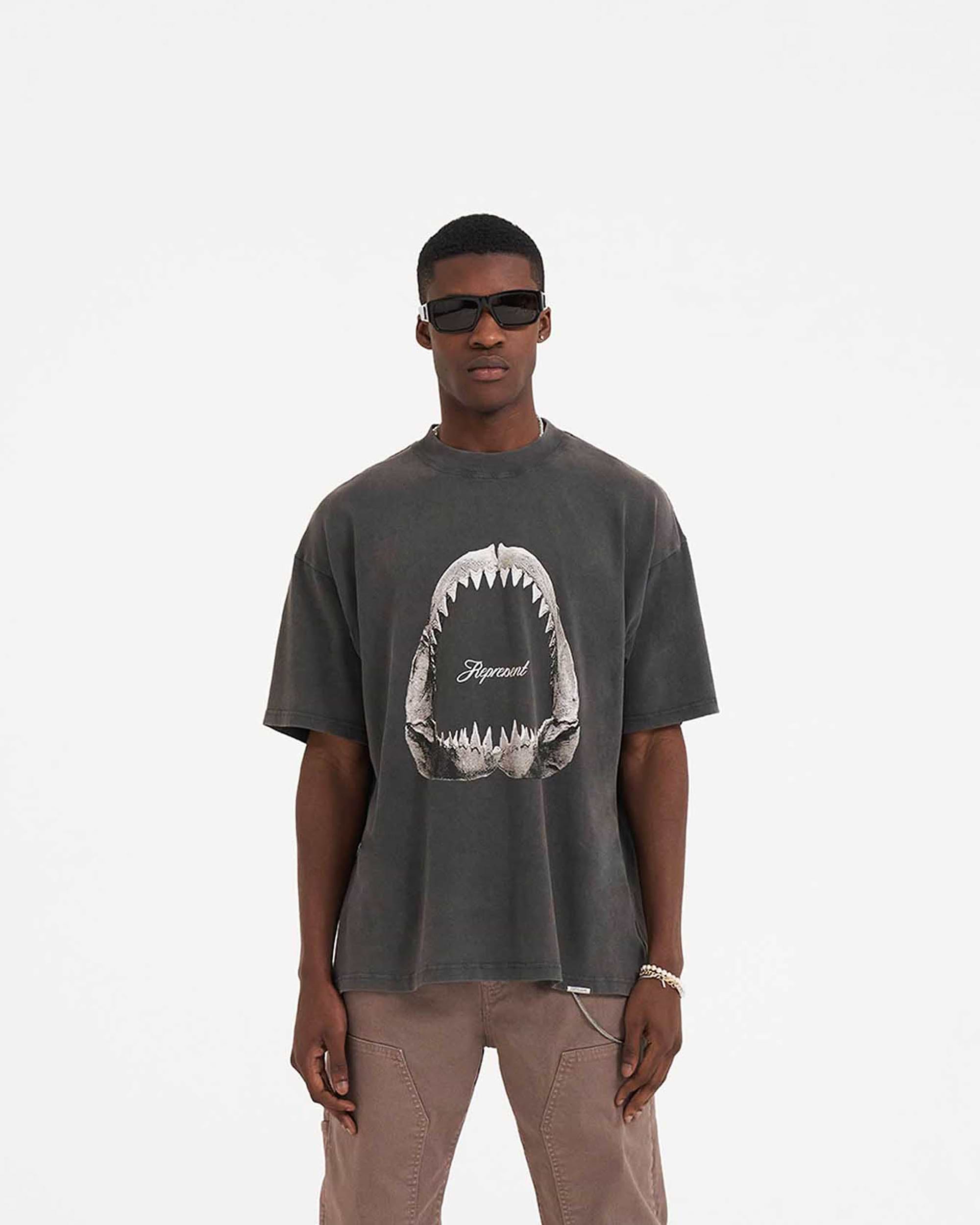 Back product image of a mens grey graphic t-shirt on a plain white background | Shark Jaws T-Shirt in Vintage Grey | Short sleeve t-shirt with ribbed crewneck and oversized fit | SS23 T-Shirts | Represent Clo