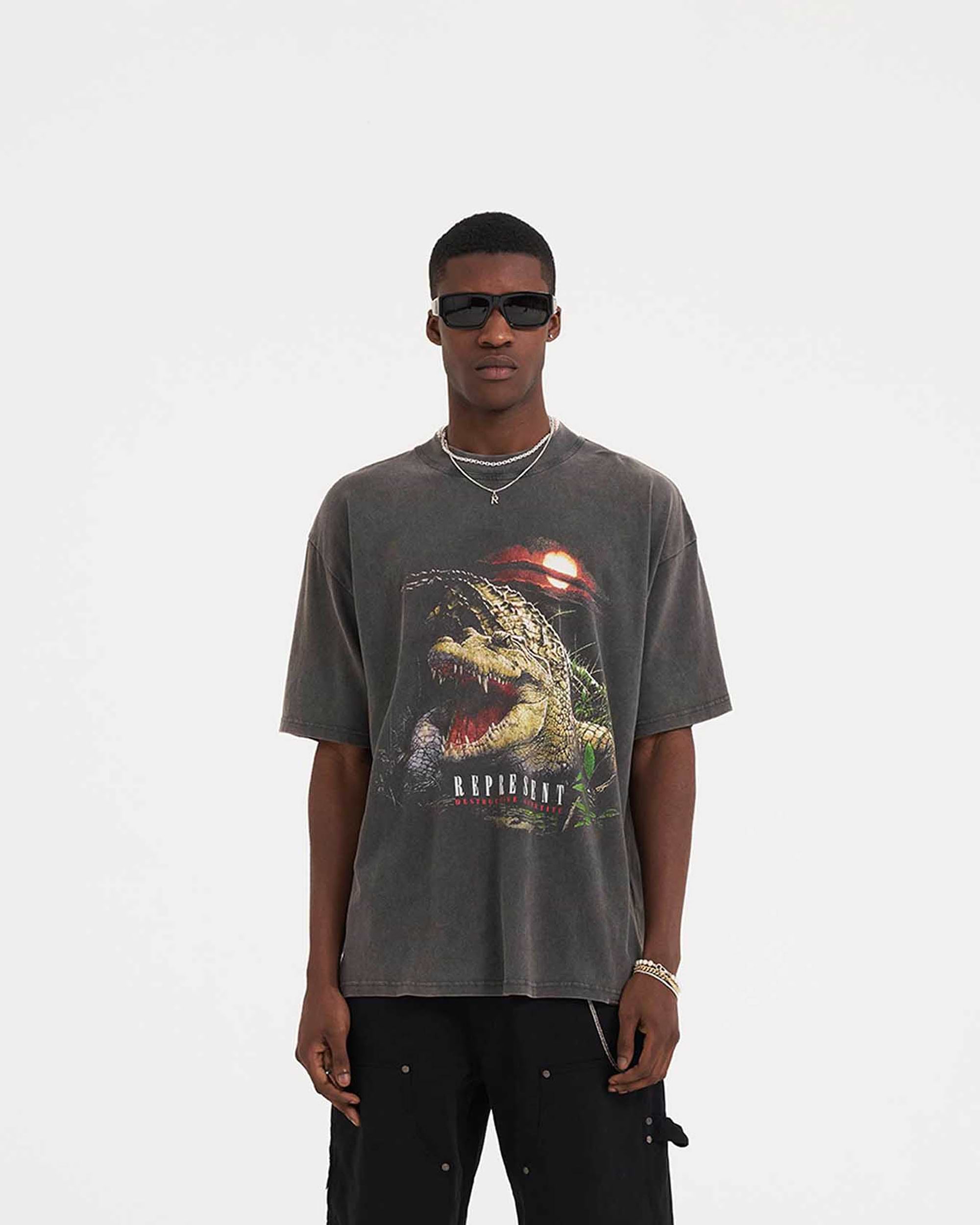 Back product image of a mens grey t-shirt on a plain white background | Destructive Appetite T-Shirt in Vintage Grey | Vintage grey short sleeve oversized fit | SS23 T-Shirts | Represent Clo