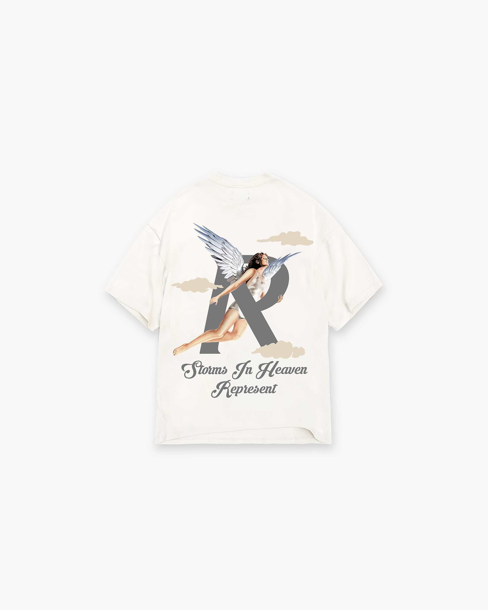 Back product image of a mens white graphic t-shirt on a plain white background | Storms In Heaven T-Shirt in Flat White | Oversized t-shirt with chest and back graphics | SS23 T-Shirts | Represent Clo