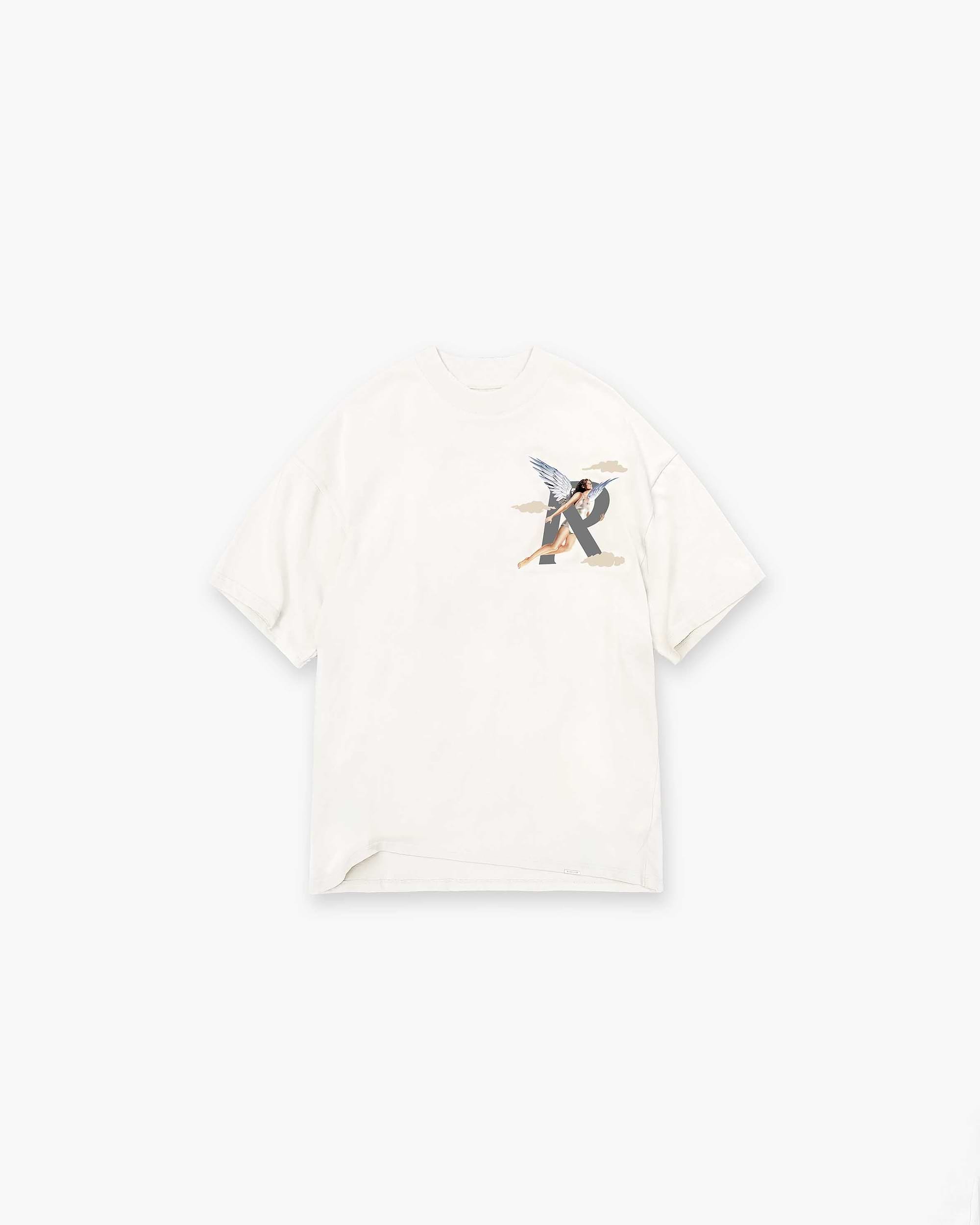 Front product image of a mens white t-shirt on a plain white background | Storms In Heaven T-Shirt in Flat White | Classic t-shirt with bold design | SS23 T-Shirts | Represent Clo