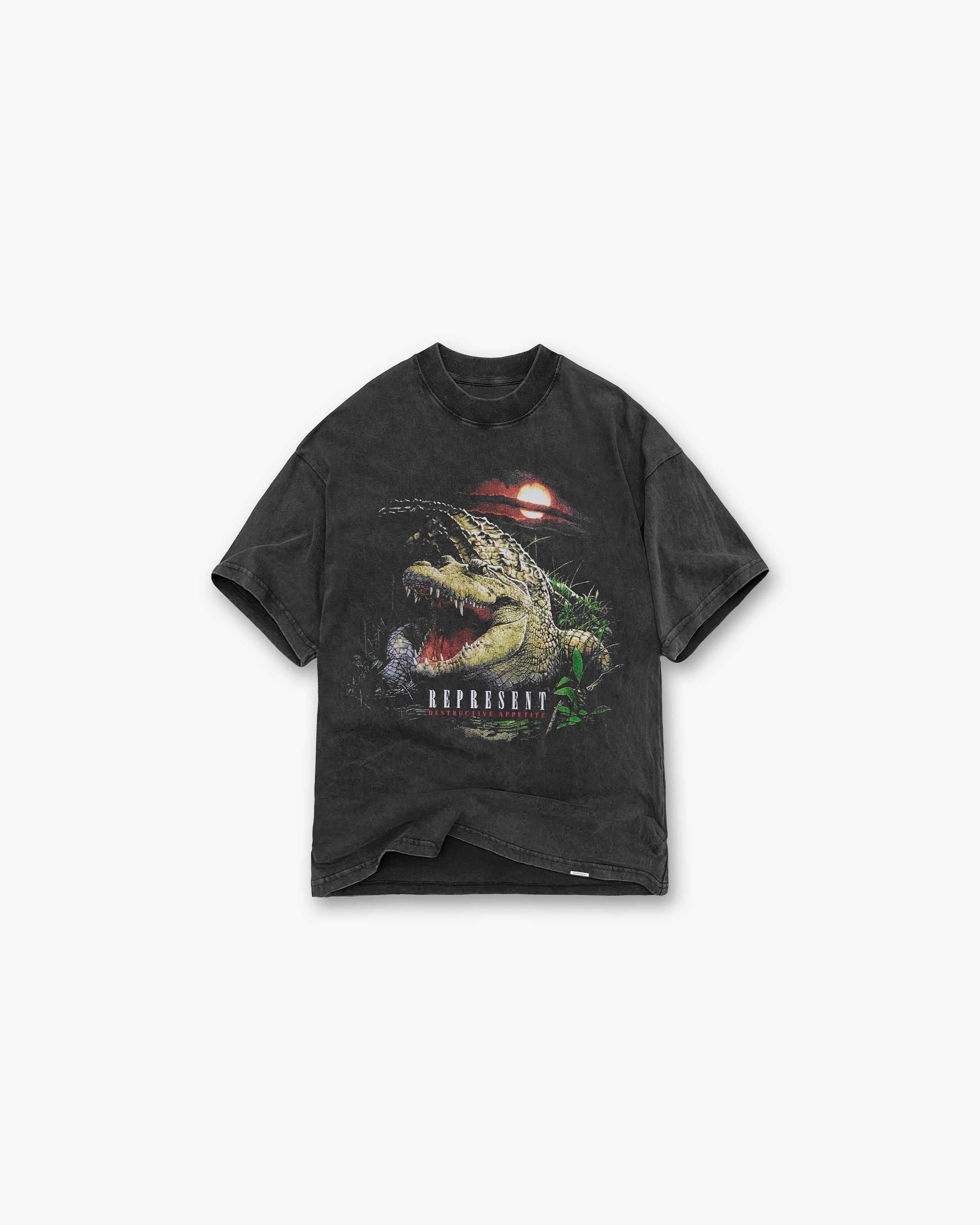 Front product image of a mens grey t-shirt on a plain white background | Destructive Appetite T-Shirt in Vintage Grey | Short sleeve jersey t-shirt with Represent Owners Club branding | SS23 T-Shirts | Represent Clo
