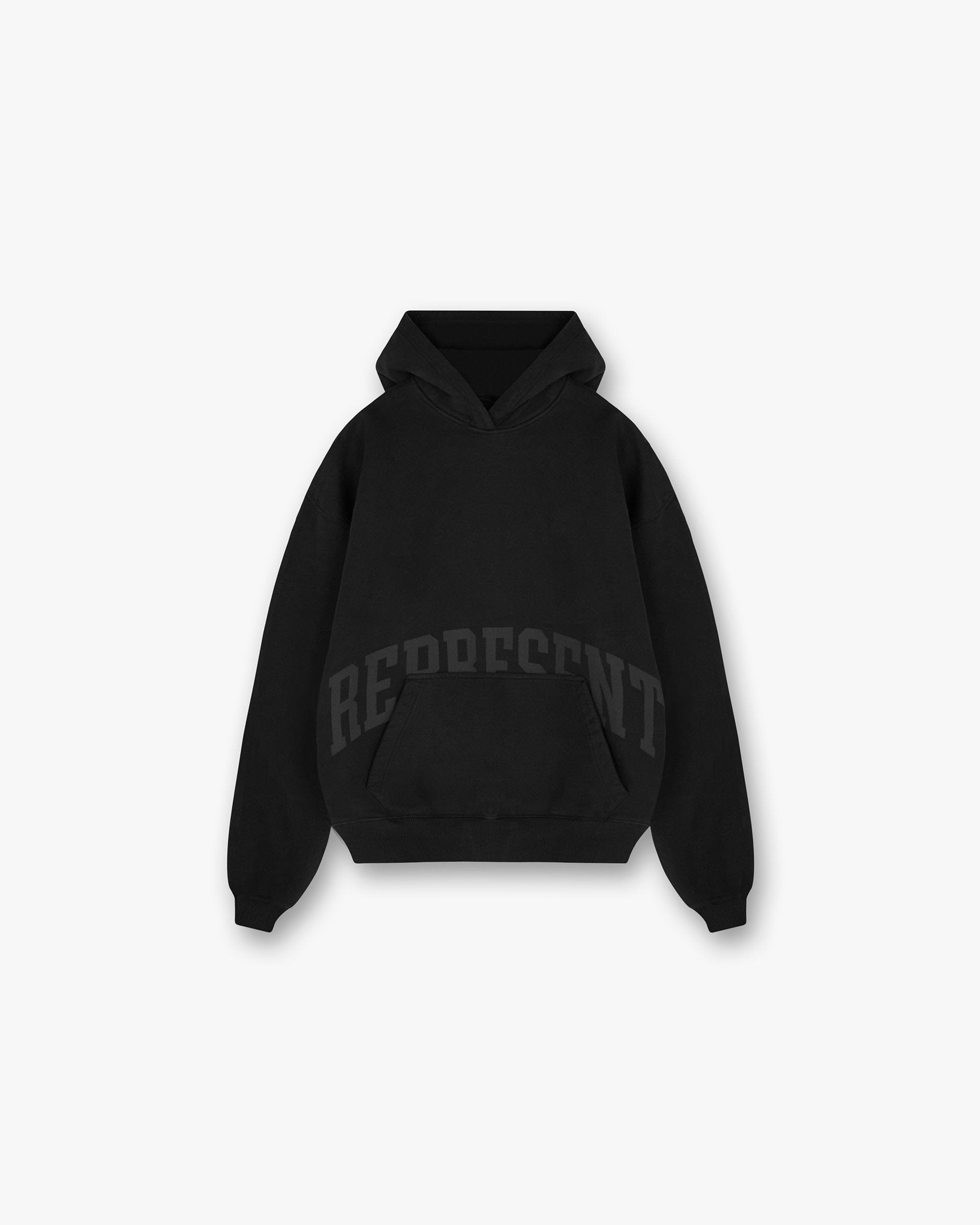 Front product image of a womens black hoodie on a plain white background | Boyfriend Graphic Hoodie in Black Coffee | Oversized cropped hoodie with metal zip | SS25 Hoodies | Represent Clo
