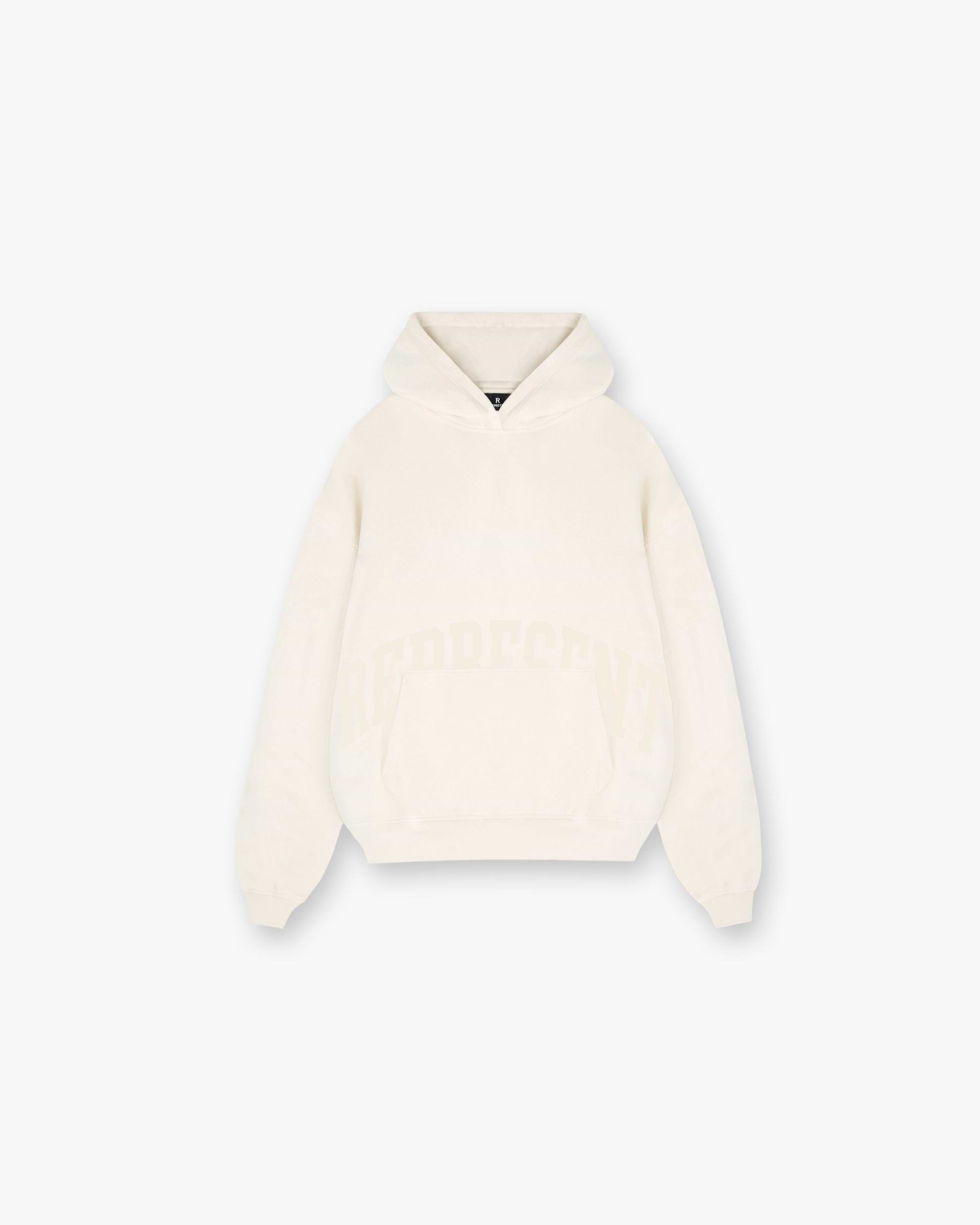 Front product image of a womens cream graphic hoodie on a plain white background | Boyfriend Graphic Hoodie in Cream | Relaxed fit graphic hoodie | Womens SS25 Hoodies | Represent Clo