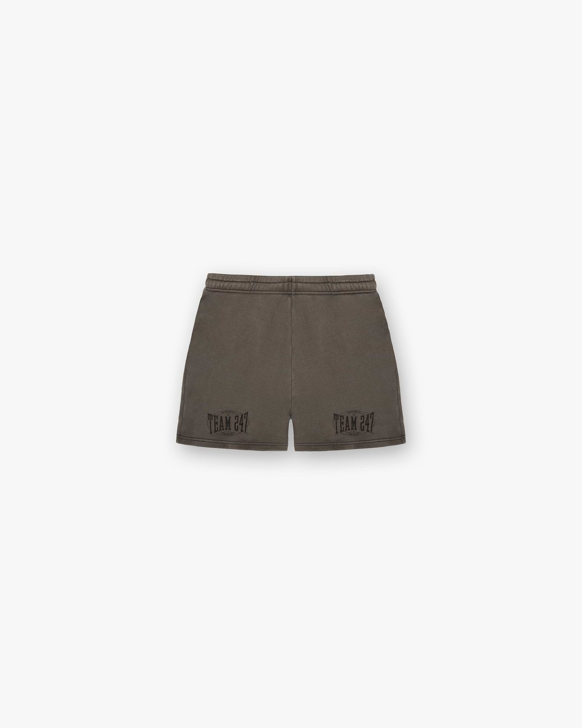 Back product image of mens brown jersey shorts on a plain white background | 247 X Everlast Training Camp Jersey Shorts in Washed Brown | Fleece shorts with elasticated waistband | 247 Shorts | Represent Clo