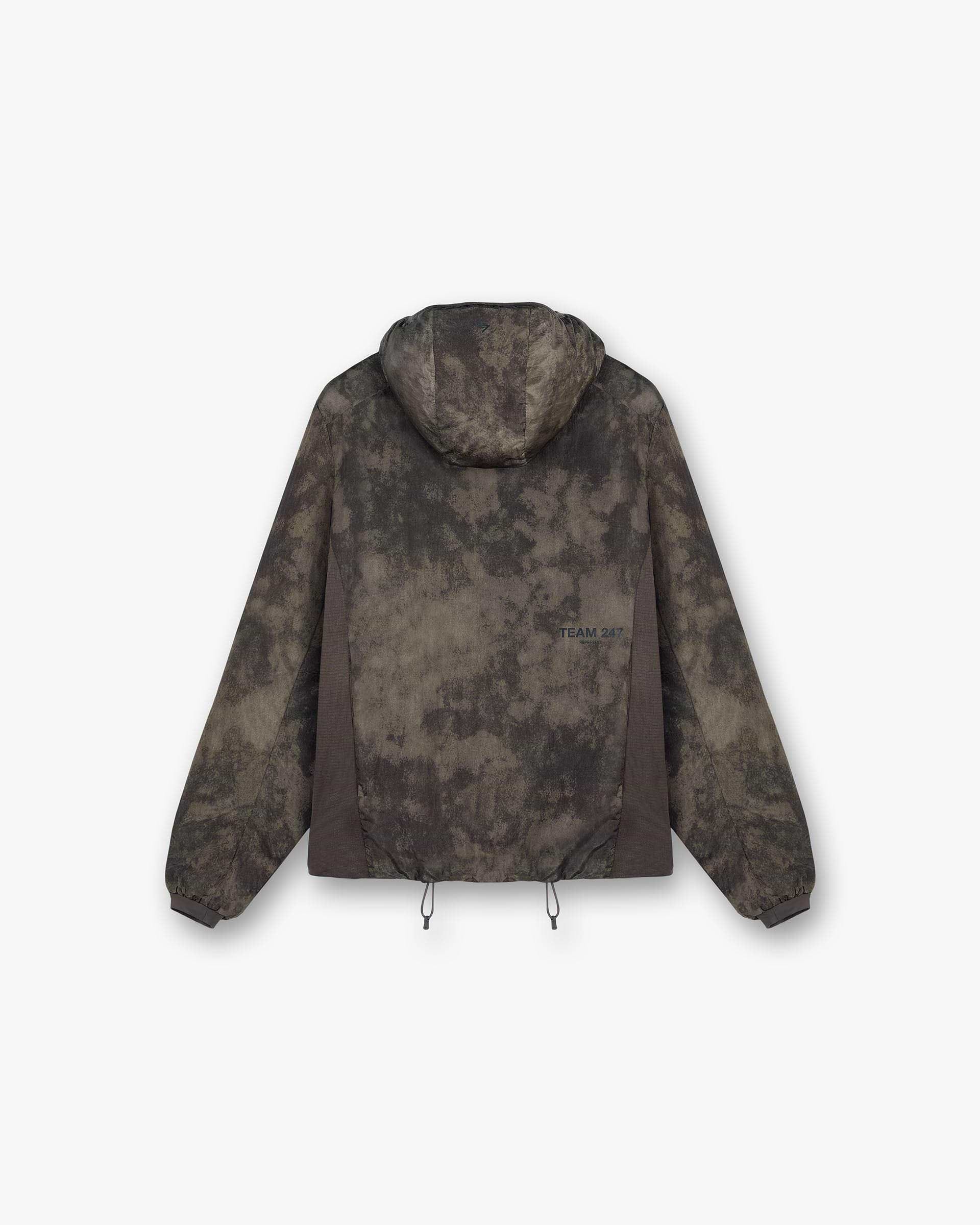Back product image of a mens green insulated jacket on a plain white background | Team 247 Insulated Jacket in Terrain | Insulated jacket with gridded fleece side seam panelling | 247 Outerwear | Represent Clo