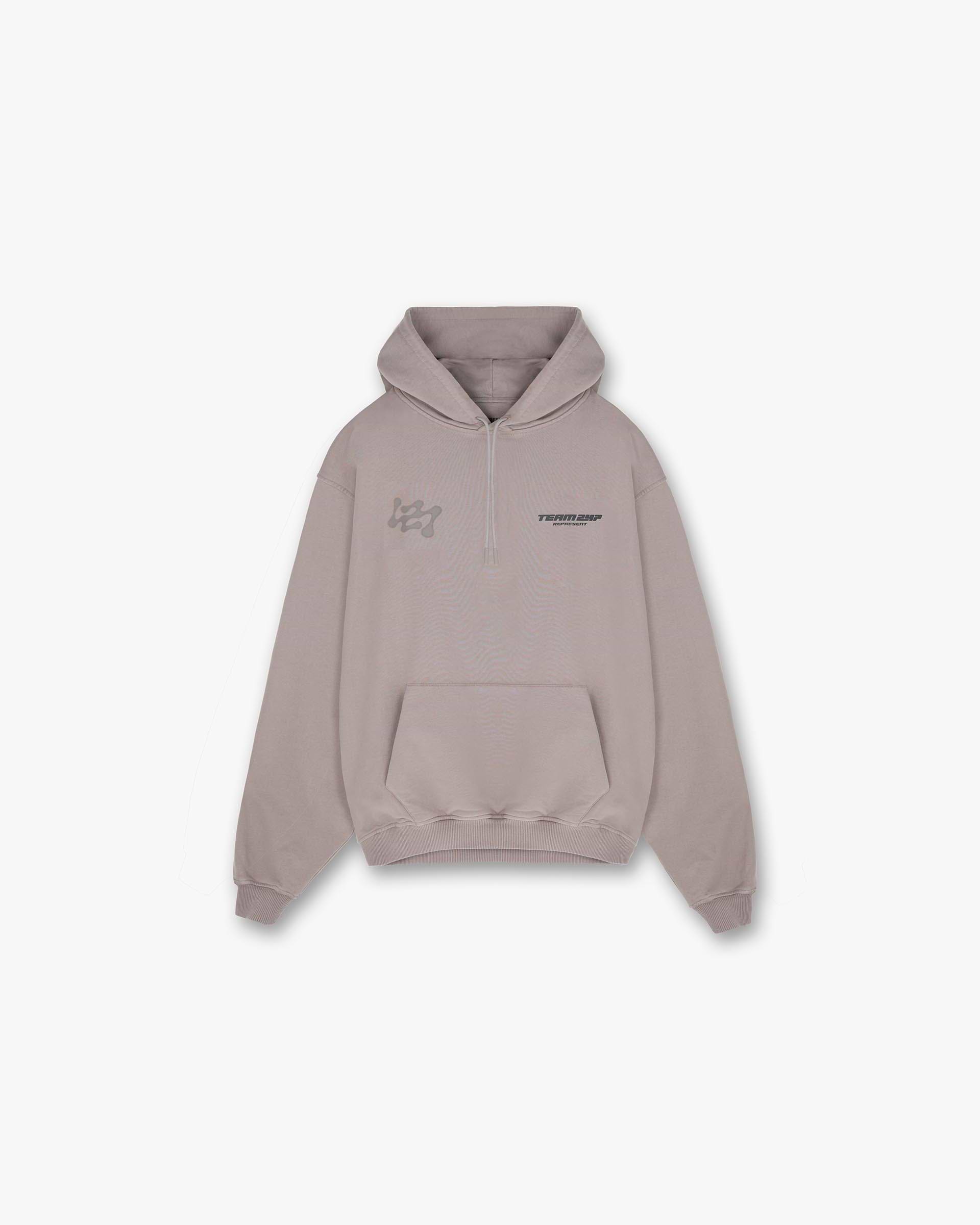 Front product image of a mens grey oversized hoodie on a plain white background | 247 Future Terrains Oversized Hoodie in Moonrock | Oversized hoodie with subtle peached finish | 247 Hoodies | Represent Clo