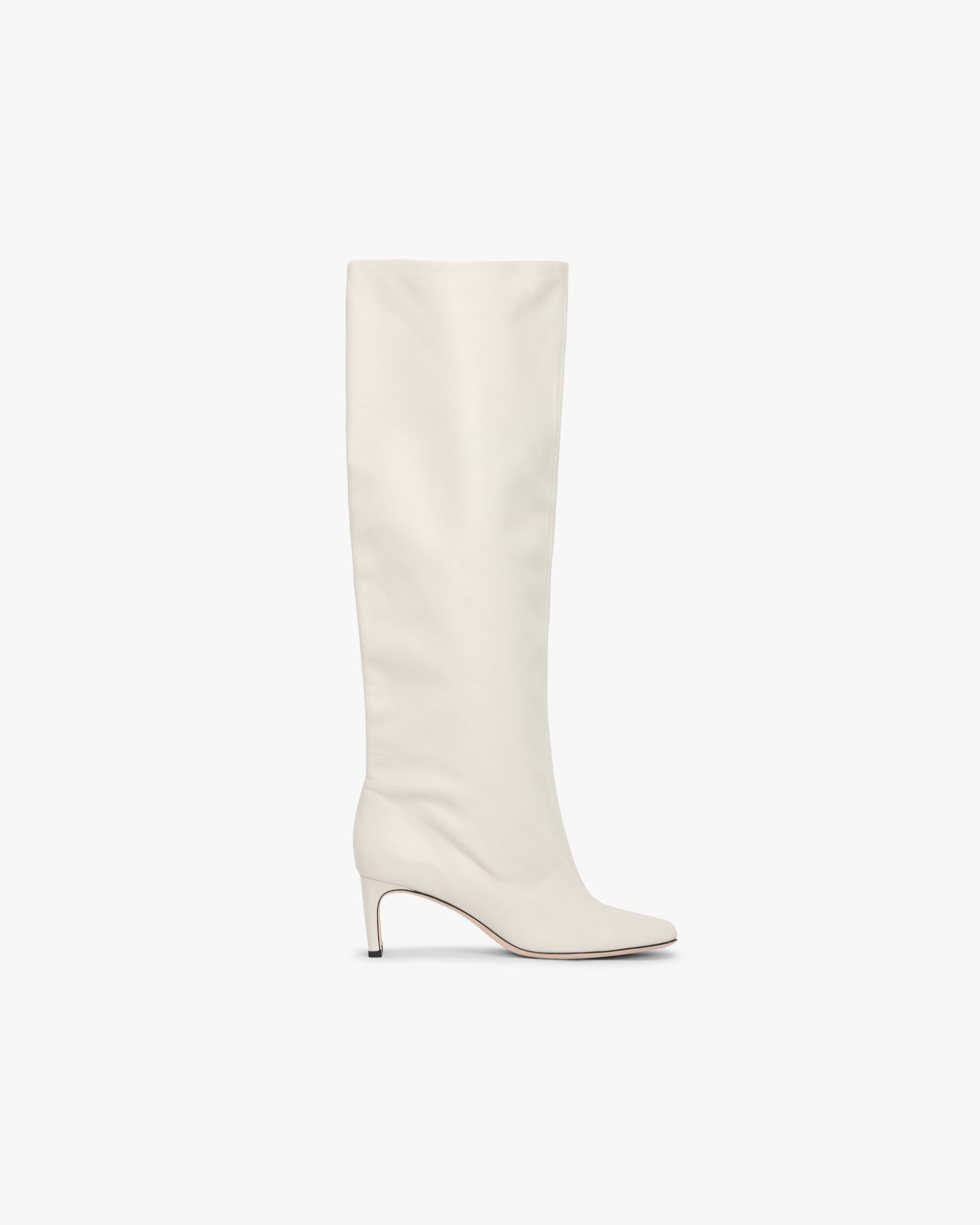 Front product image of a womens ecru knee boot on a plain white background | Square Toe Knee Boot in Ecru | Knee-high square toe boots | Womens SS25 Footwear | Represent Clo