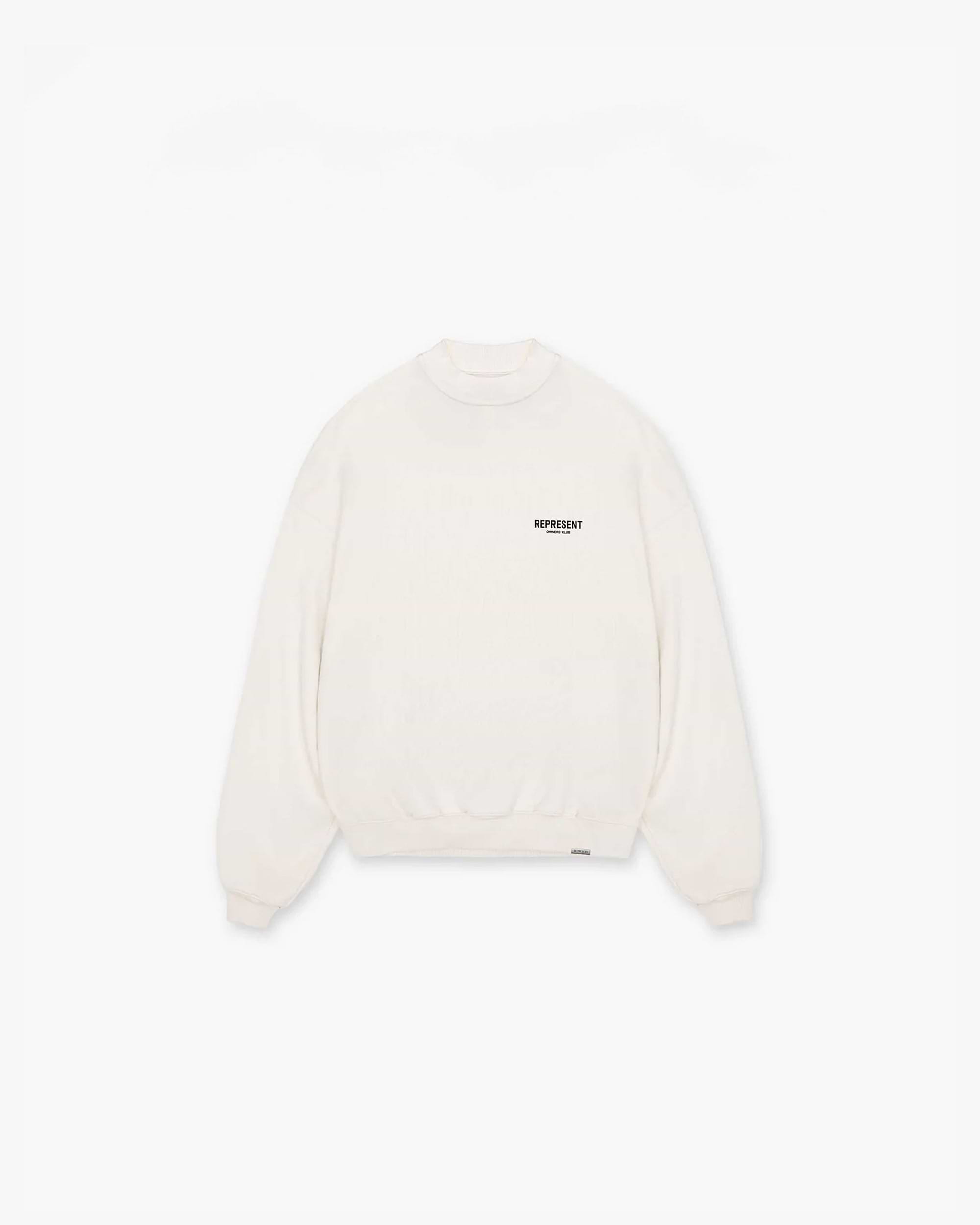 Back product image of a mens white sweater on a plain white background | Represent Owners Club Sweater in Flat White | Crewneck sweater with ribbed trims | Owners Club Sweaters | Represent Clo