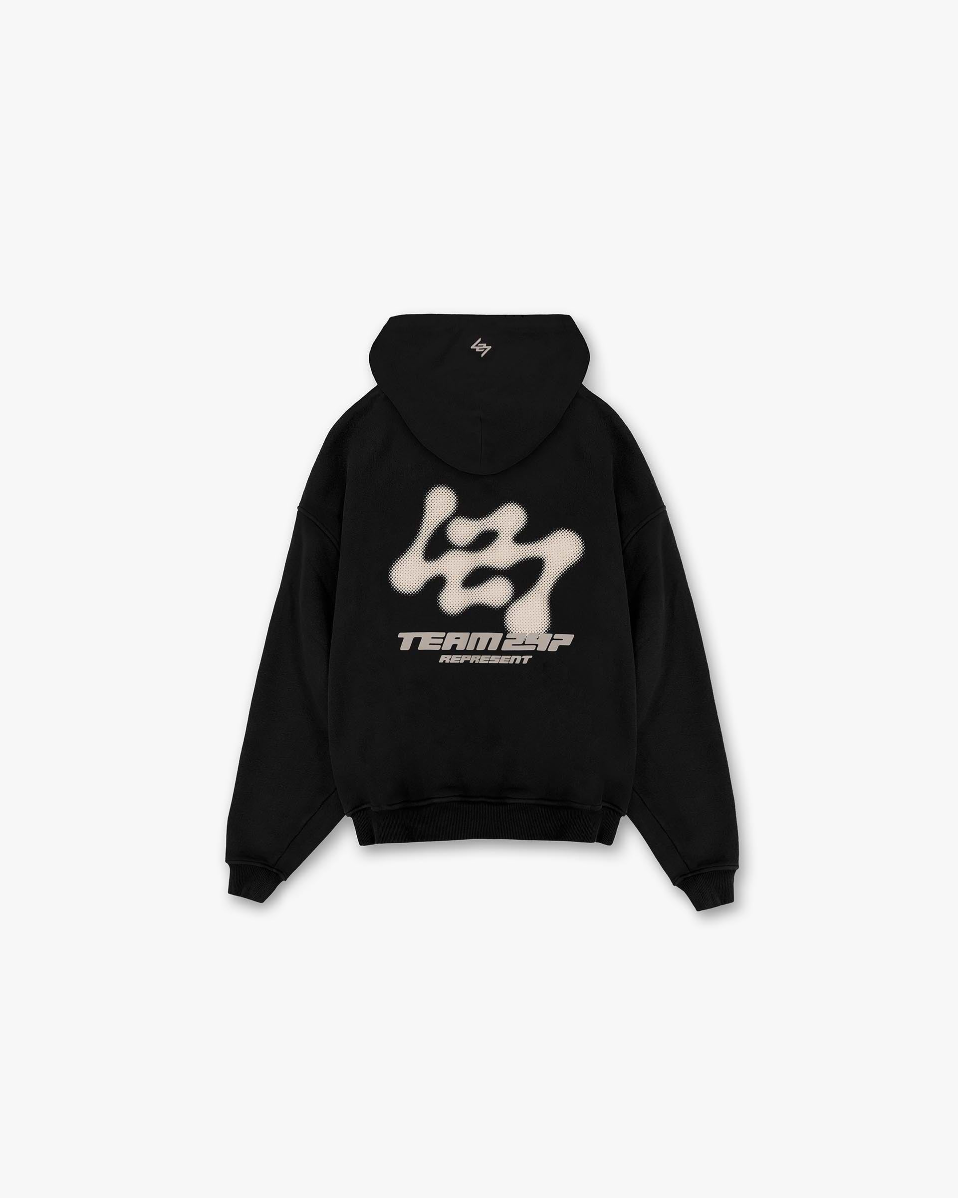 Back product image of a mens black oversized hoodie on a plain white background | 247 Future Terrains Oversized Hoodie in Black | Black hoodie with Future Terrains Team 247 branding and ribbed hem | 247 Hoodies | Represent Clo