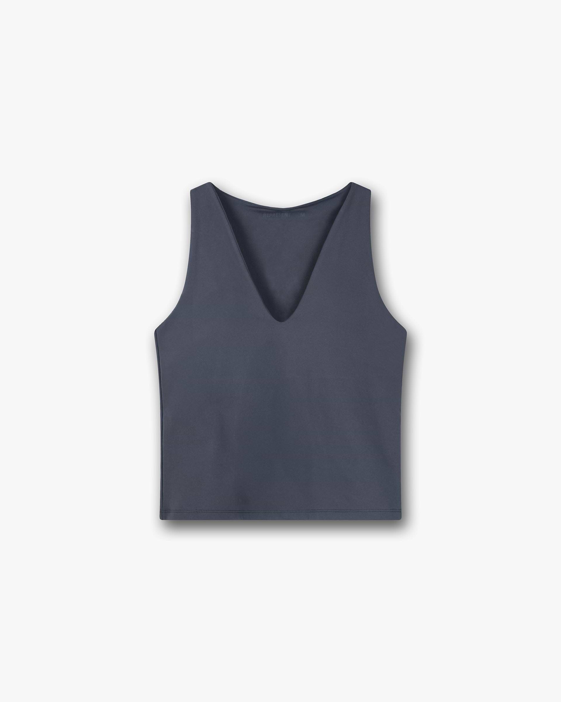 Front product image of a womens grey V neck tank top on a plain white background | Owners Club V Neck Tank Top in Grey | Knitted fabric with relaxed fit | Womens Tops | Represent Clo