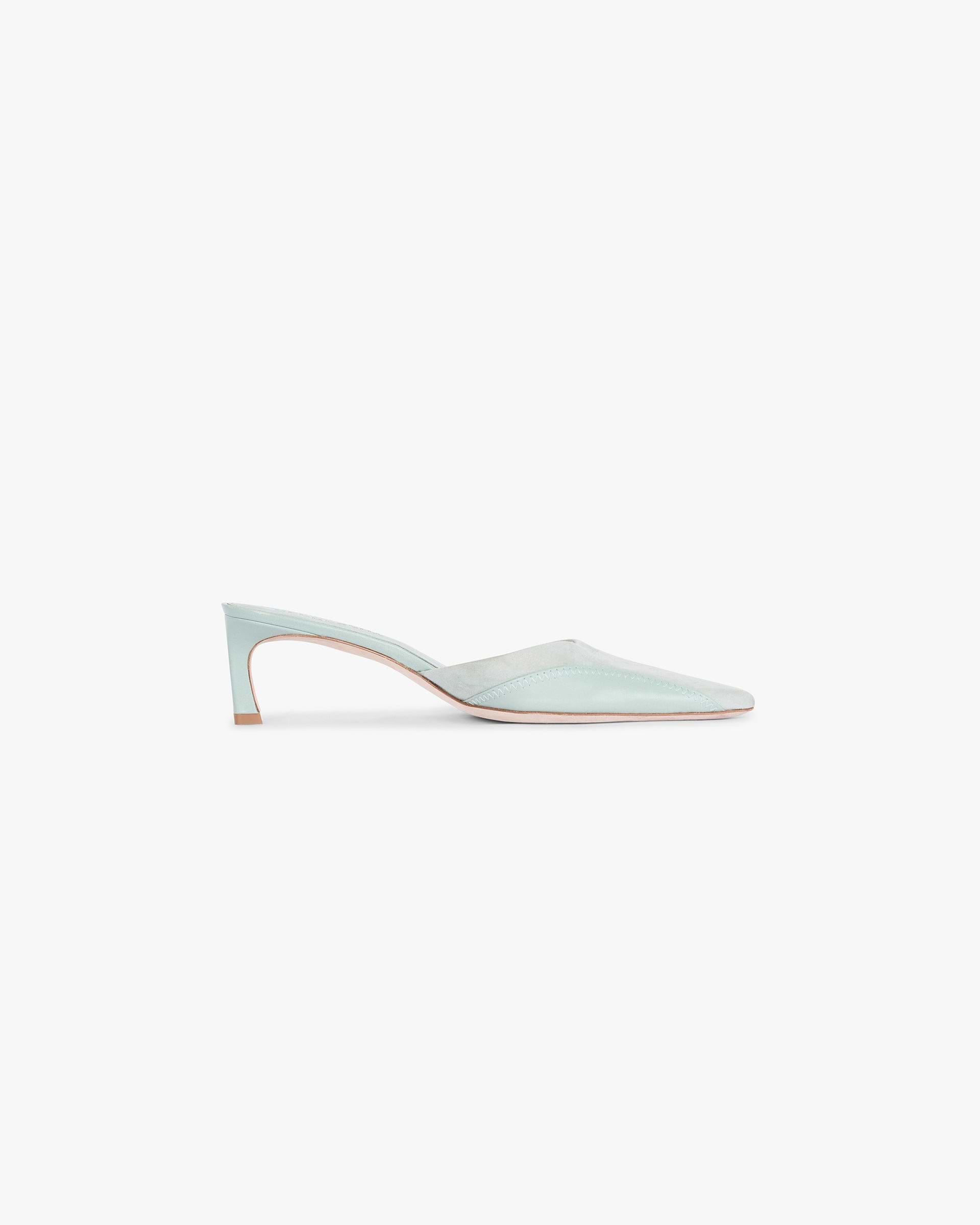 Front product image of womens green pointed mule on a plain white background | Pointed Mule in Basil | Nylon footwear with sleek pointed toe design | Womens SS25 Footwear | Represent Clo