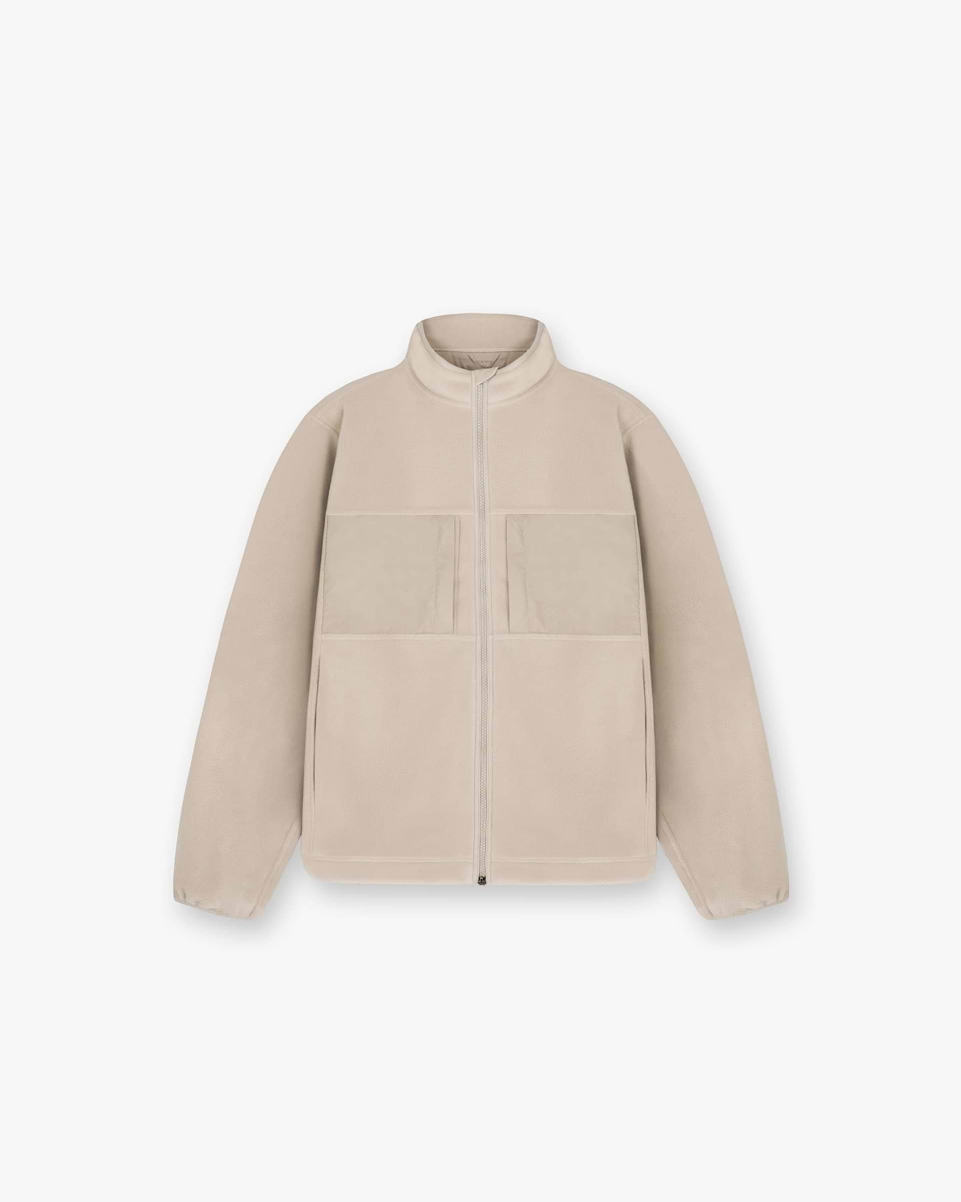 Front product image of a mens grey fleece jacket on a plain white background | 247 Polar Panelled Fleece in Pebble | Panelled fleece outerwear | 247 Outerwear | Represent Clo