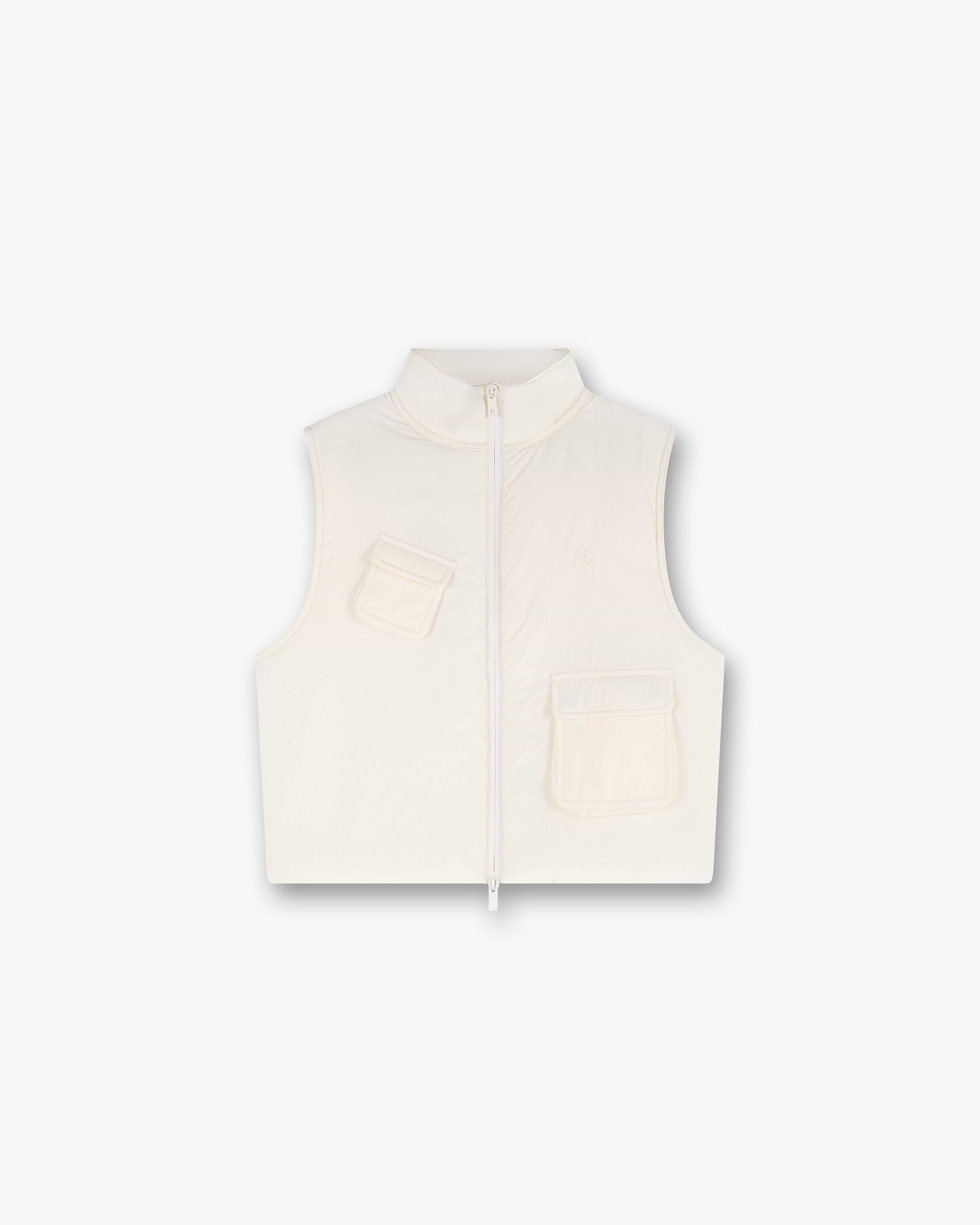 Front product image of a womens white gilet on a plain white background | Revolver Gilet in Warm White | Lightweight outerwear with comfort-first design | Womens SS25 Outerwear | Represent Clo