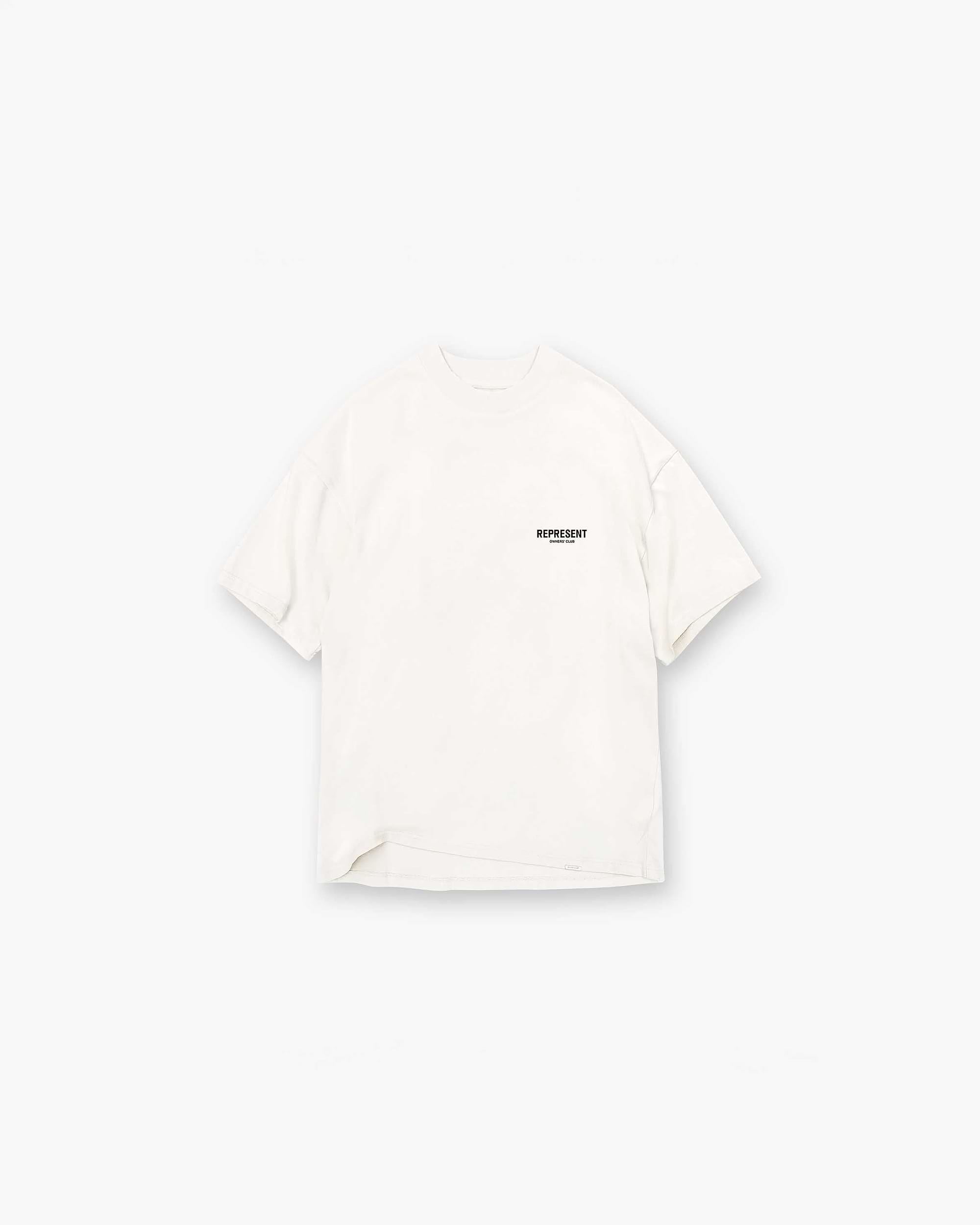 Back product image of a mens white oversized t-shirt on a plain white background | Represent Owners Club T-Shirt in Flat White | Oversized cotton t-shirt with graphic branding | Owners Club T-Shirts | Represent Clo