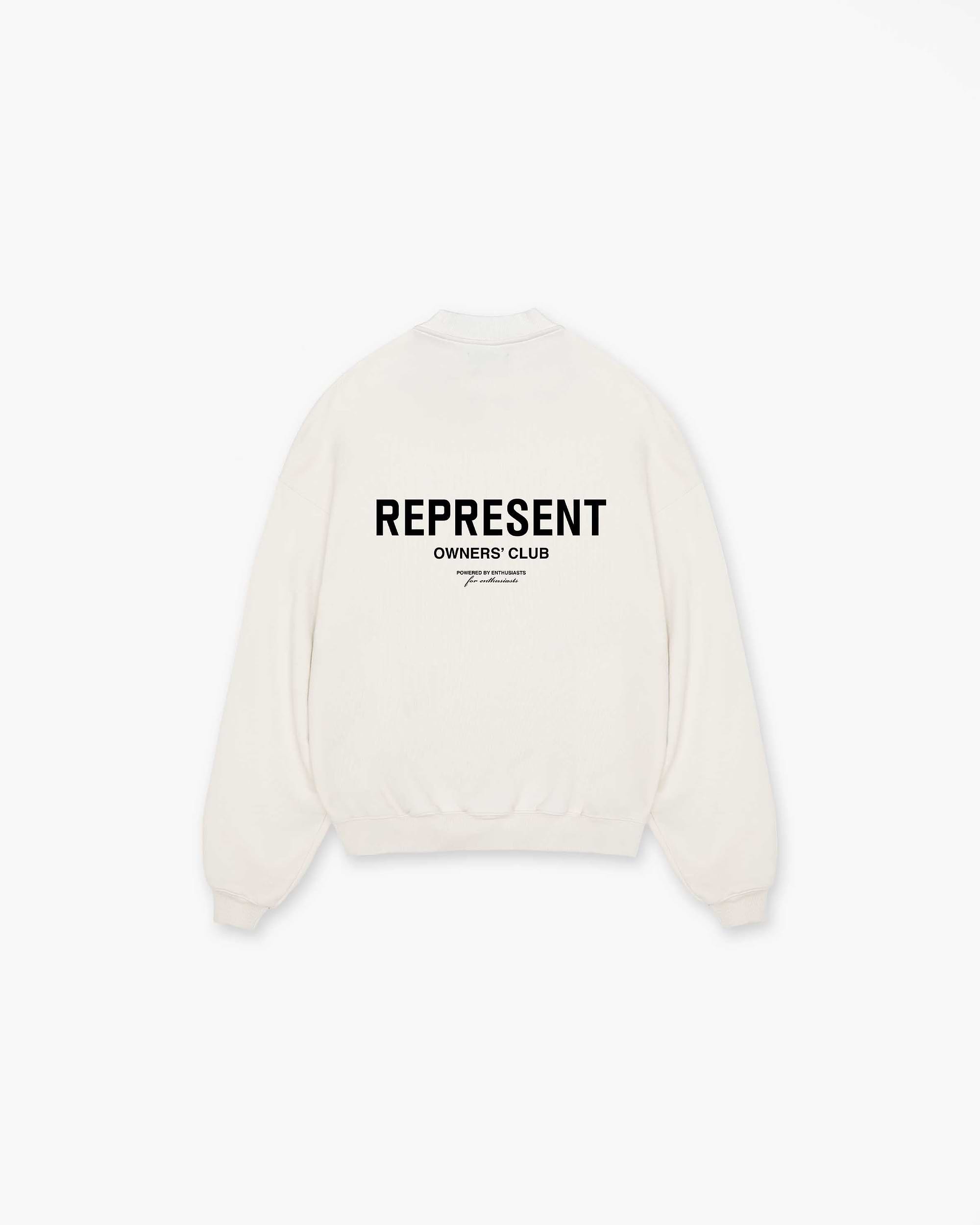 Front product image of a mens white sweater on a plain white background | Represent Owners Club Sweater in Flat White | Slim fit sweater with heavy loopback cotton | Owners Club Sweaters | Represent Clo