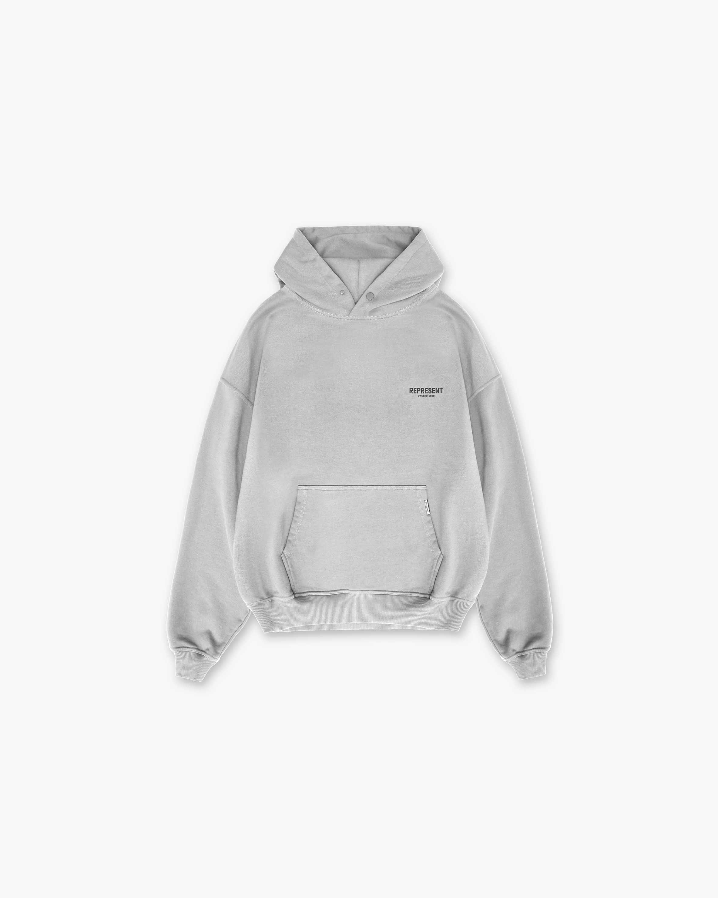 Back product image of a mens grey hoodie on a plain white background | Represent Owners Club Hoodie in Ash Grey | Oversized fit hoodie with ribbed hem and cuffs | Owners Club Hoodies | Represent Clo