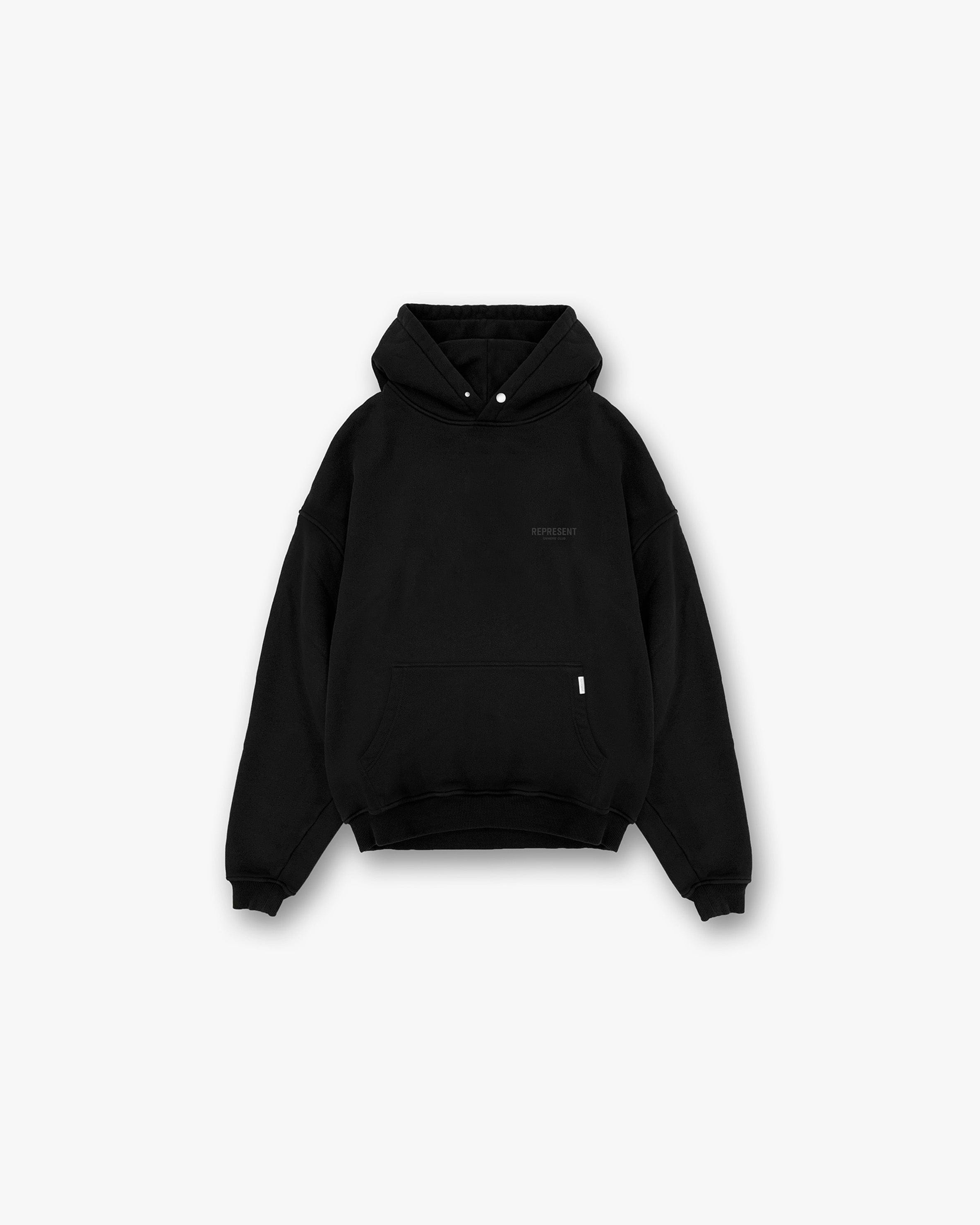 Back product image of a mens black hoodie on a plain white background | Represent Owners Club Hoodie in Black Matte | Oversized hoodie with ribbed hems and matte black branding | Owners Club Hoodies | Represent Clo