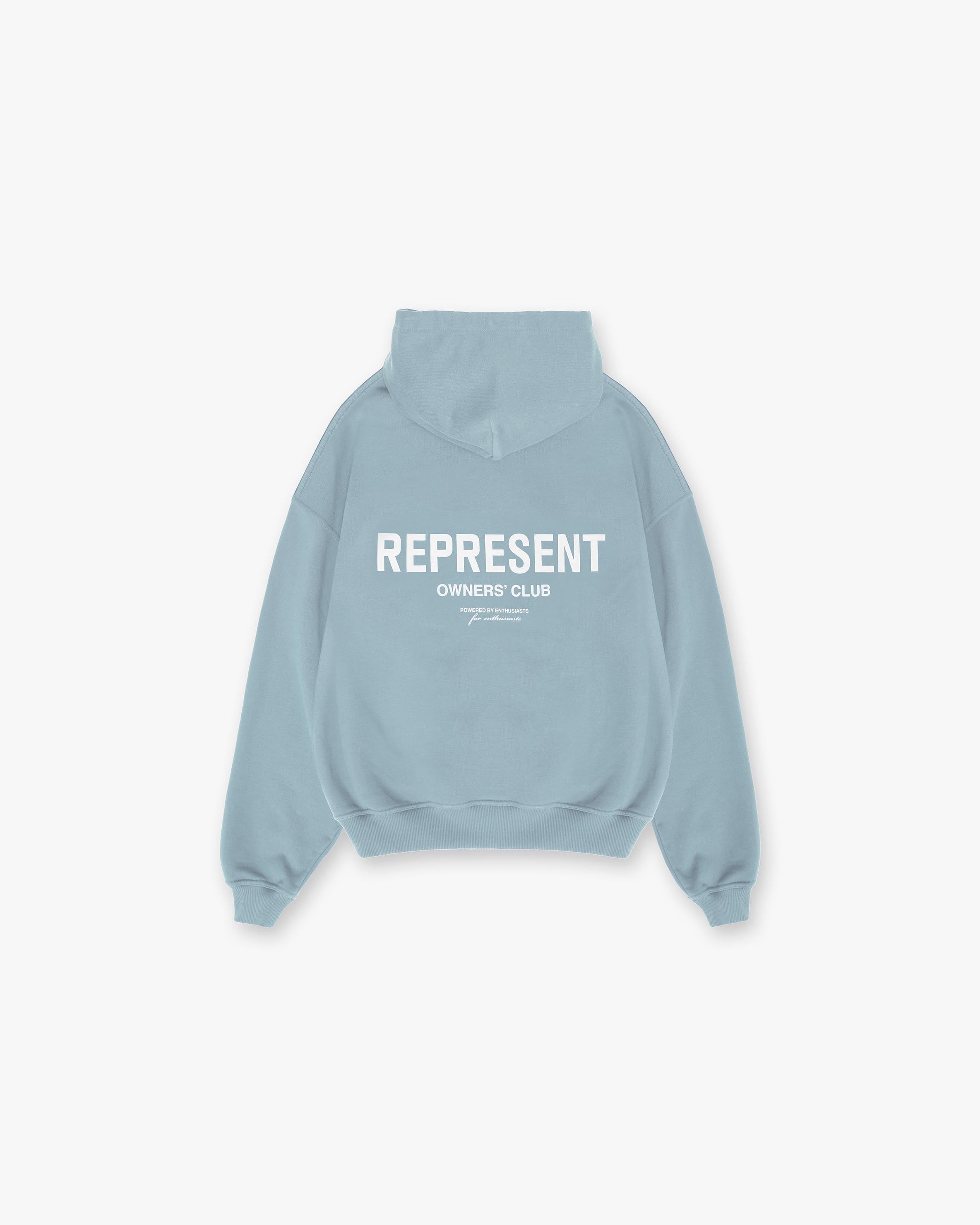 Front product image of a mens blue hoodie on a plain white background | Represent Owners Club Hoodie in Powder Blue | Heavyweight oversized hoodie | Owners Club Hoodies | Represent Clo