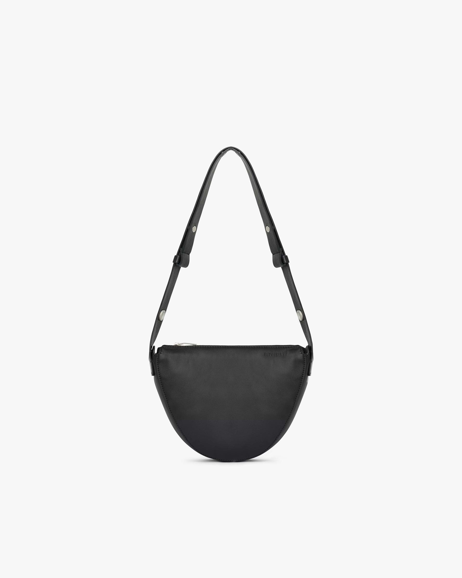 Front product image of a womens black bag on a plain white background | Saddle Bag in Black | Stylish and functional women's saddle bag | Womens SS25 Accessories | Represent Clo