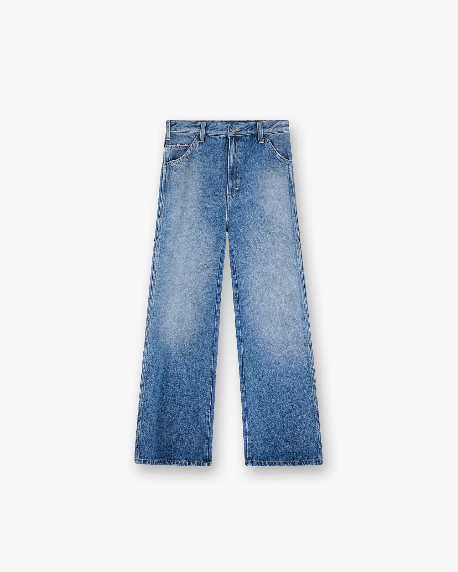Front product image of a womens blue jeans on a plain white background | Skater Jean in Washed Blue | Jeans with no front seams and sculpting back detail | Womens SS25 Jeans | Represent Clo