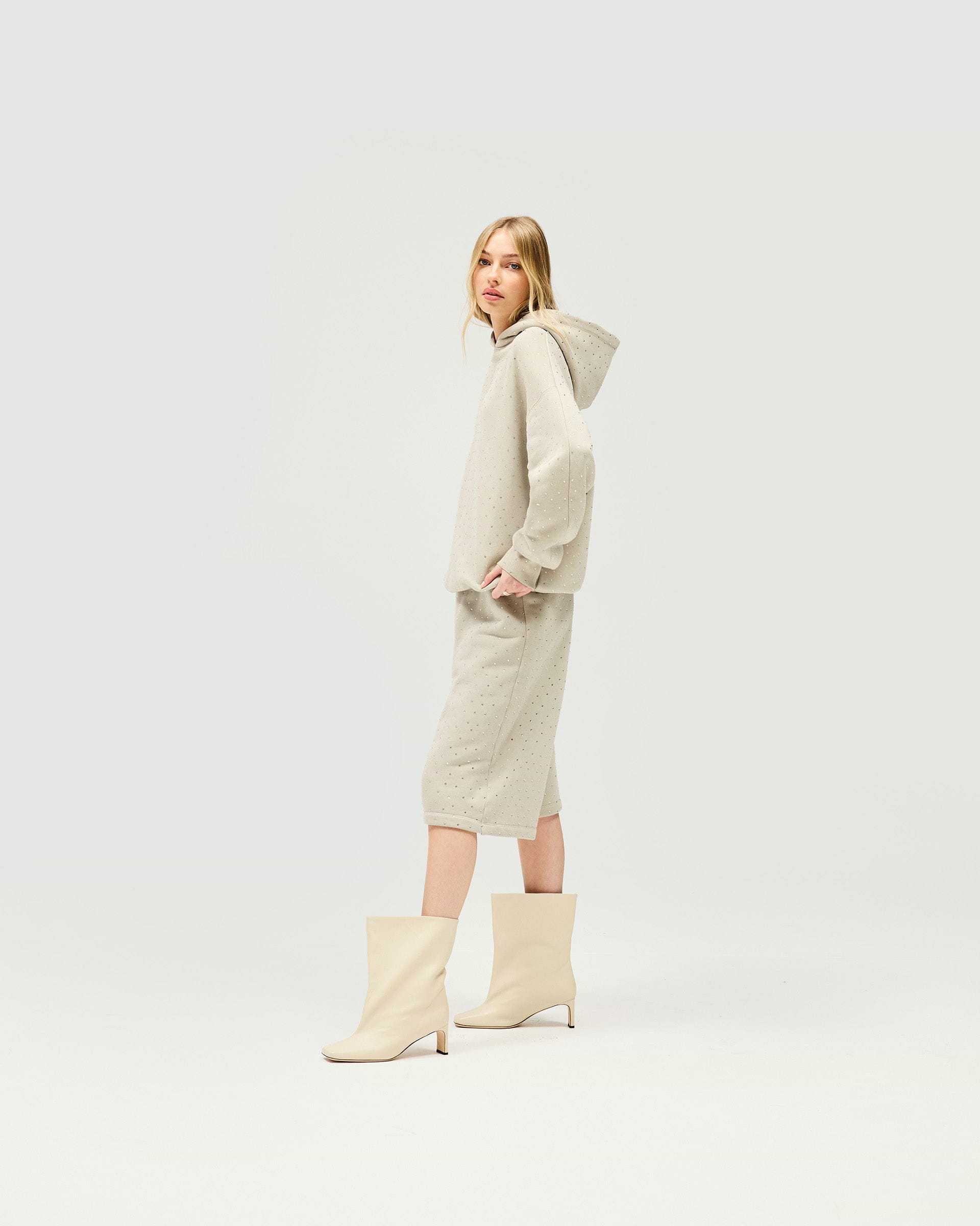 Back product image of a womens grey hoodie on a plain white background | Spark Hoodie in Storm | Oversized slouchy hoodie with silicon wash and all over hotfix | SS25 Hoodies | Represent Clo