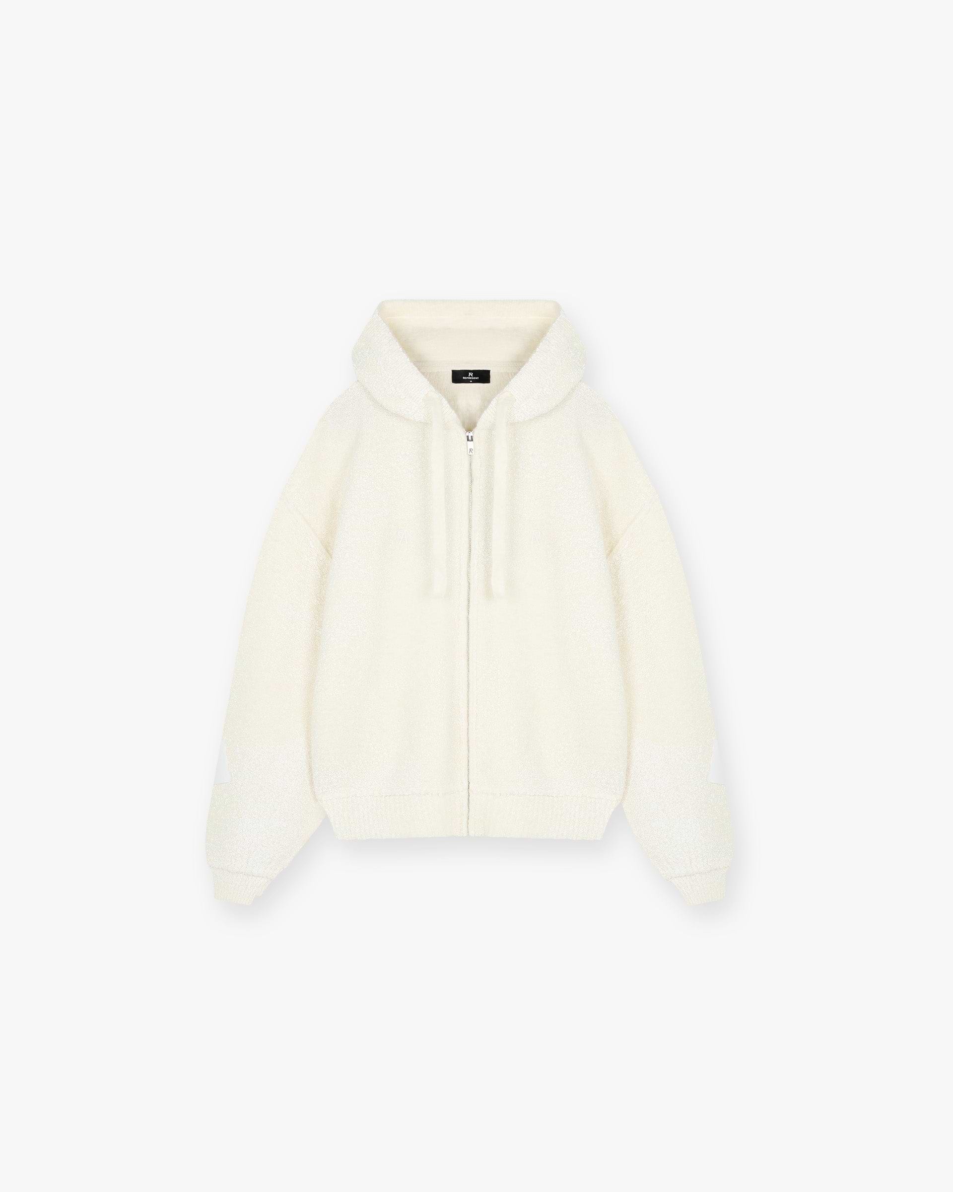 Front product image of a womens white hoodie on a plain white background | Whip Hoodie in Antique White | Cotton lyocell hoodie | SS25 Knitwear | Represent Clo