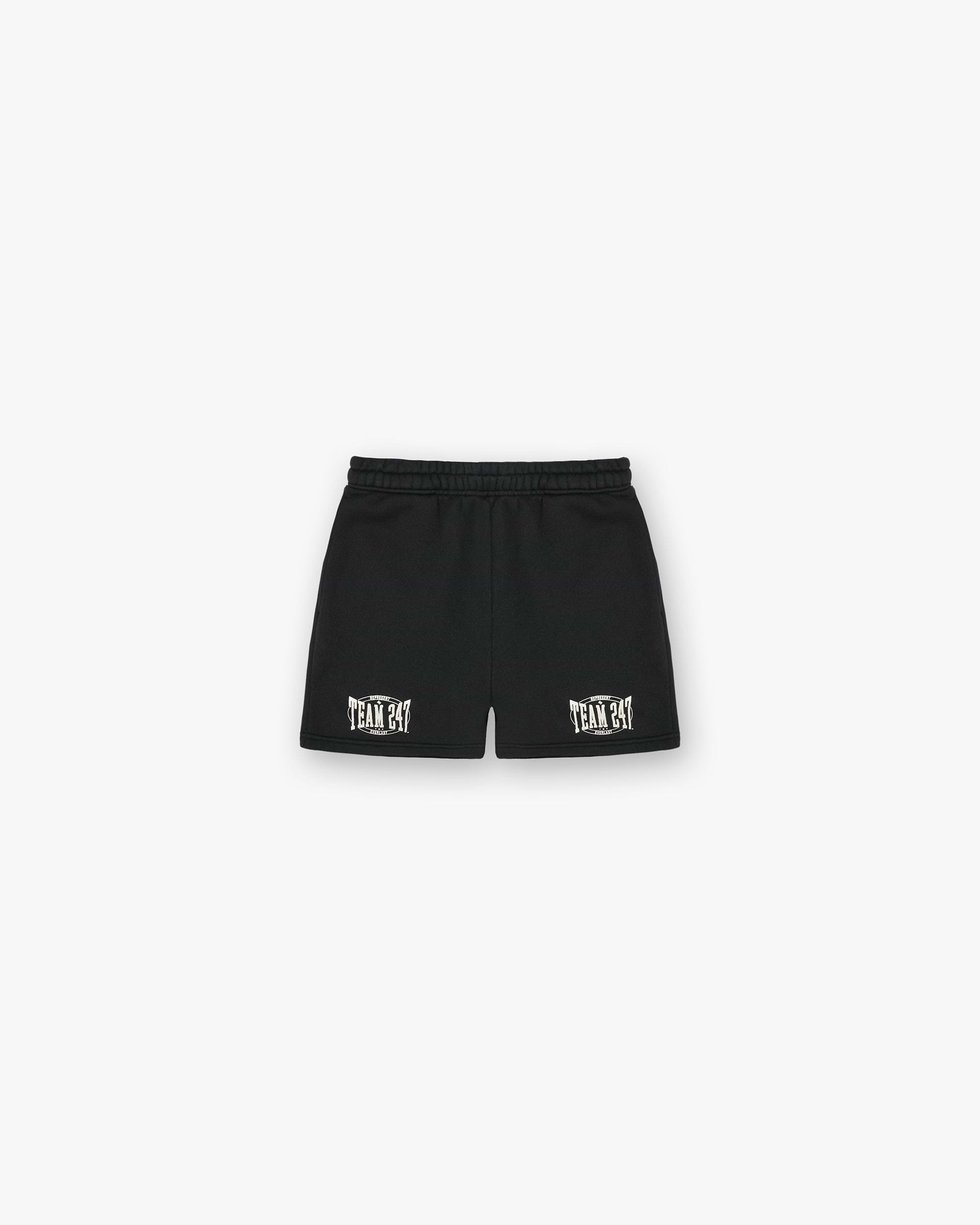 Back product image of mens black shorts on a plain white background | 247 X Everlast Training Camp Jersey Shorts in Off Black | Fleece back cotton shorts with elasticated waistband | 247 Shorts | Represent Clo