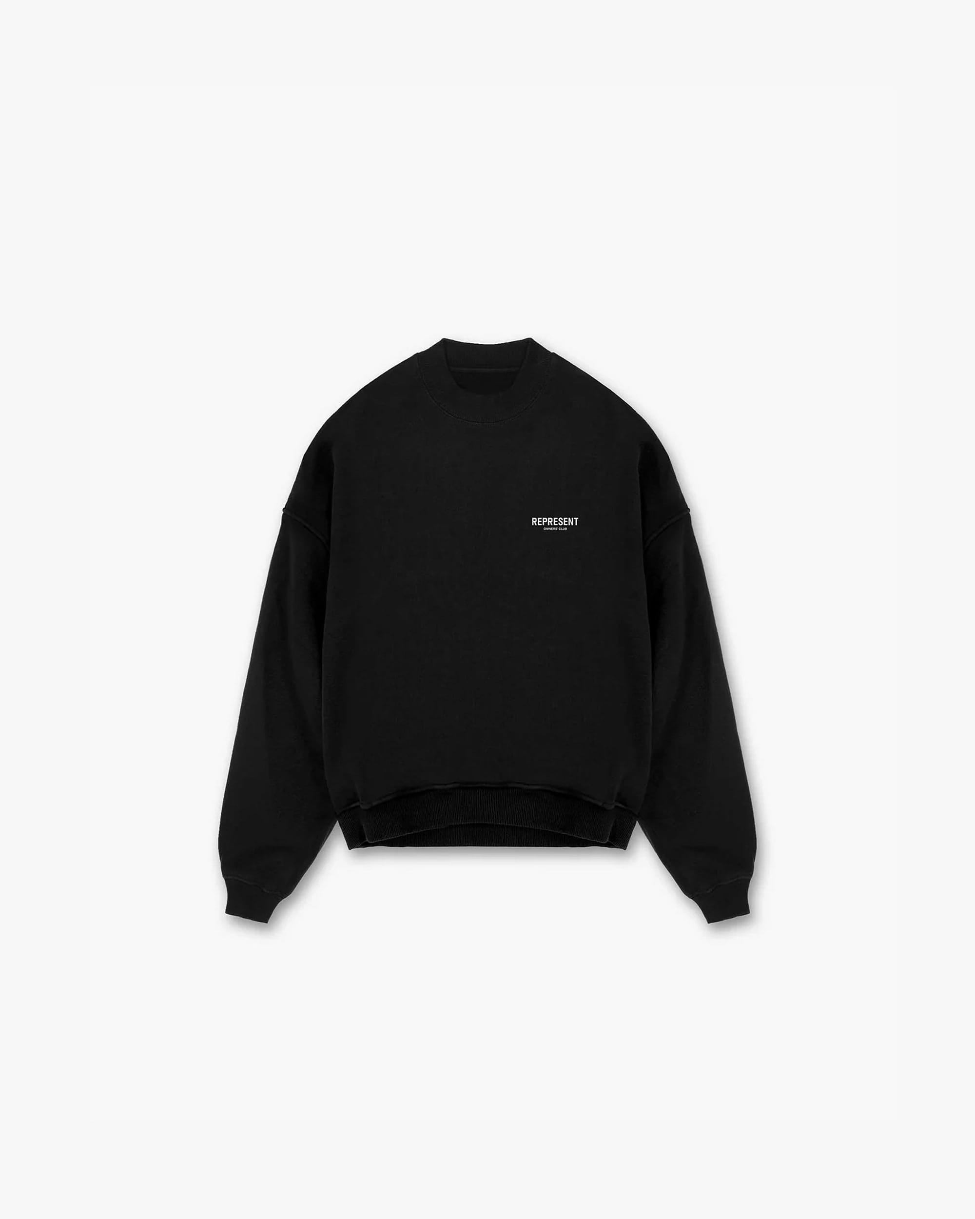Back product image of a mens black sweater on a plain white background | Represent Owners Club Sweater in Black | Oversized fit crewneck sweater with ribbed trims | Owners Club Sweaters | Represent Clo