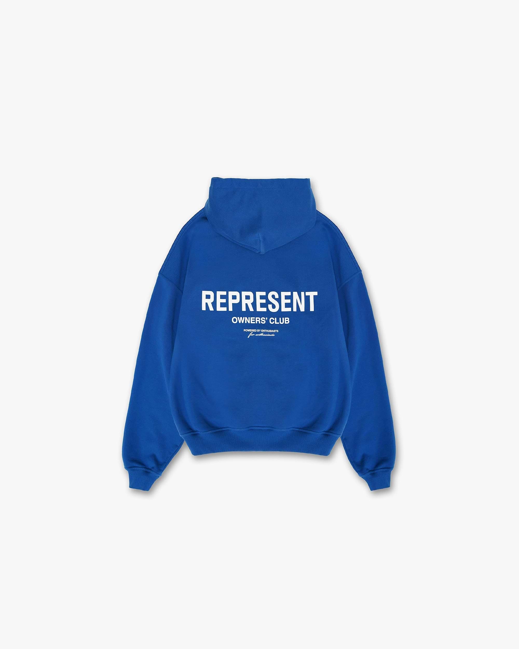Front product image of a mens blue hoodie on a plain white background | Represent Owners Club Hoodie in Cobalt | Mid weight relaxed fit hoodies | Owners Club Hoodies | Represent Clo