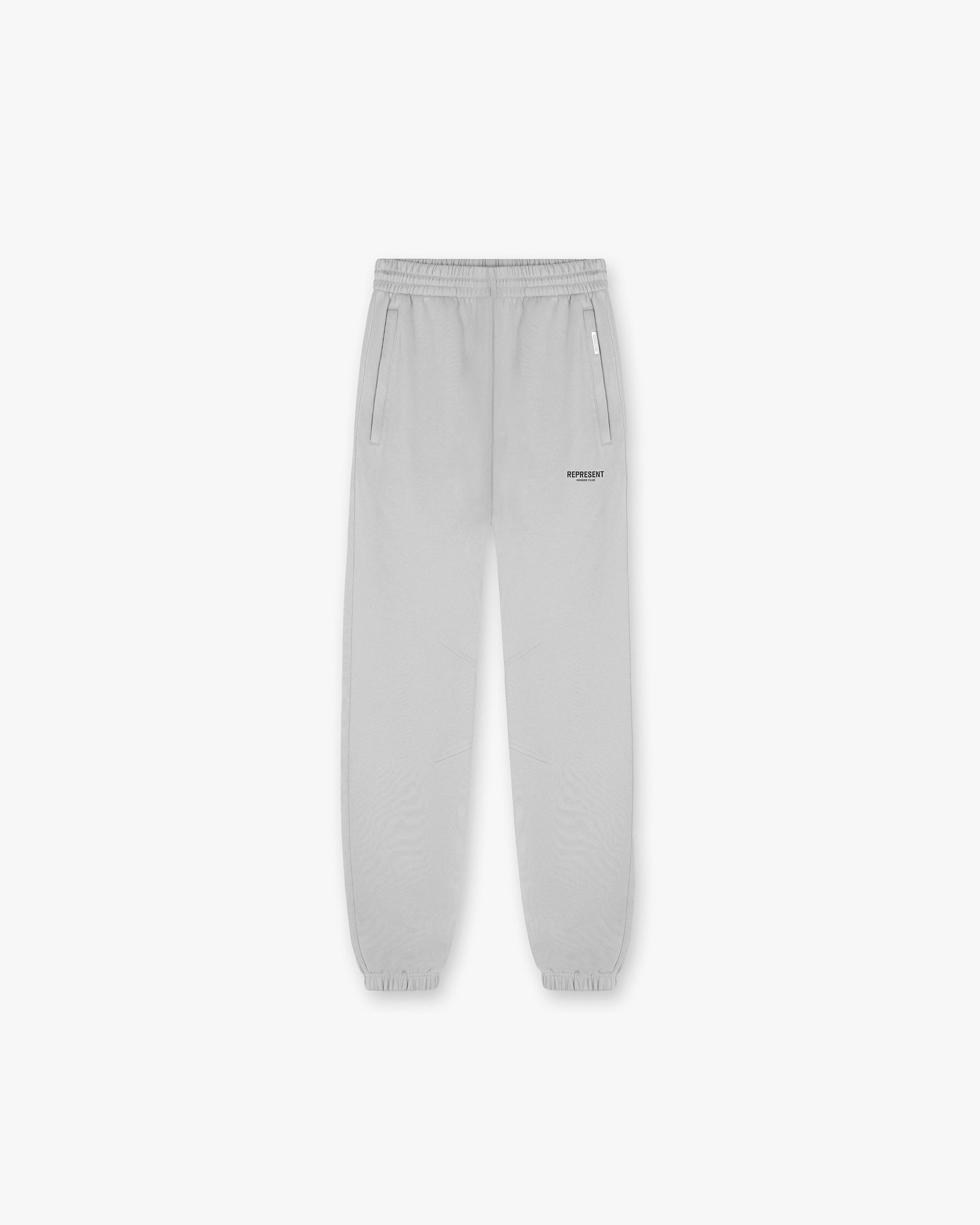Front product image of mens grey sweatpants on a plain white background | Represent Owners Club Sweatpant in Ash Grey | Sweatpants with ribbed trims | Owners Club Pants | Represent Clo