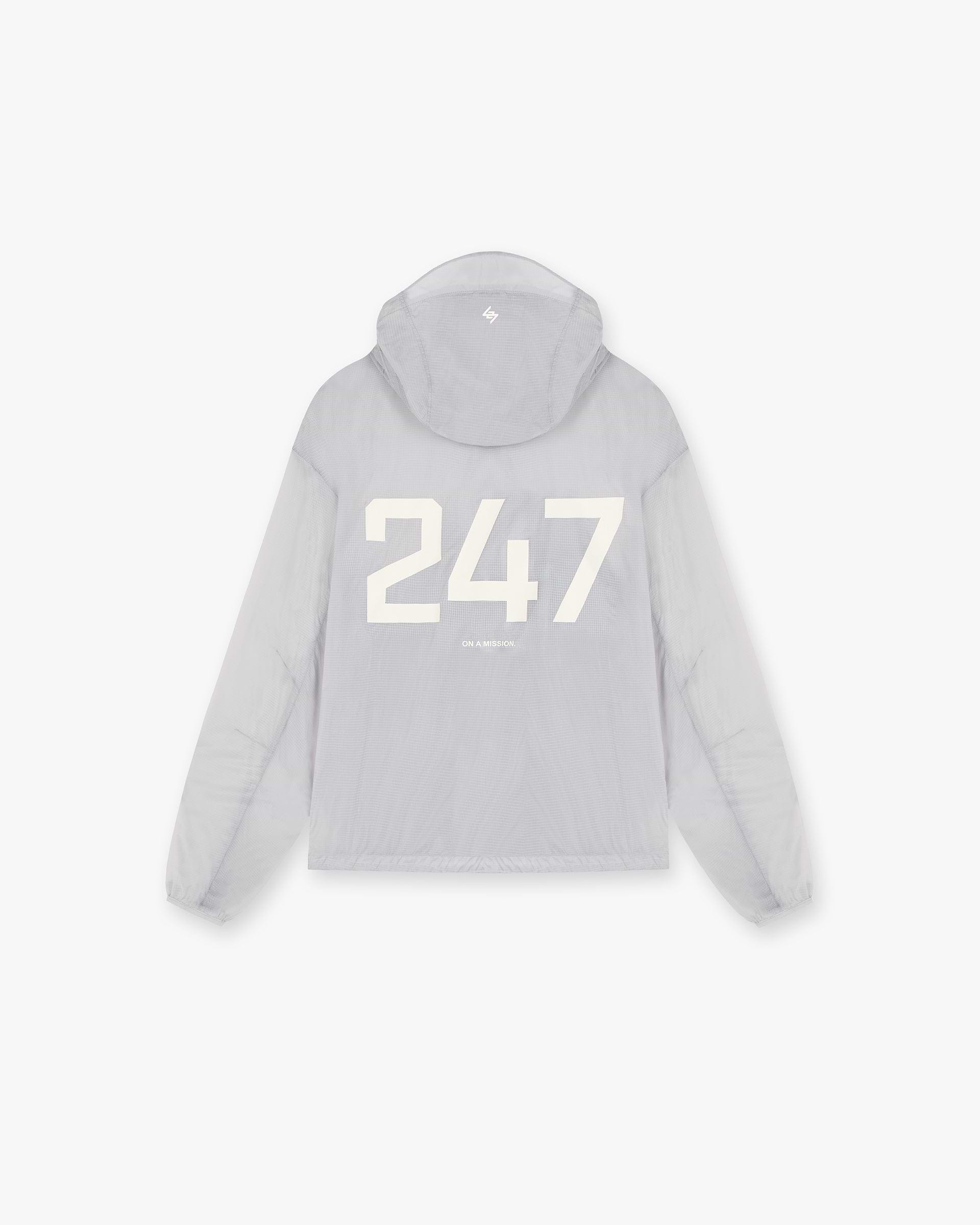 Back product image of a mens translucent nylon jacket on a plain white background | 247 Hooded Training Jacket in Moonstone | Oversized fit with adjustable hem and hood | 247 Outerwear | Represent Clo