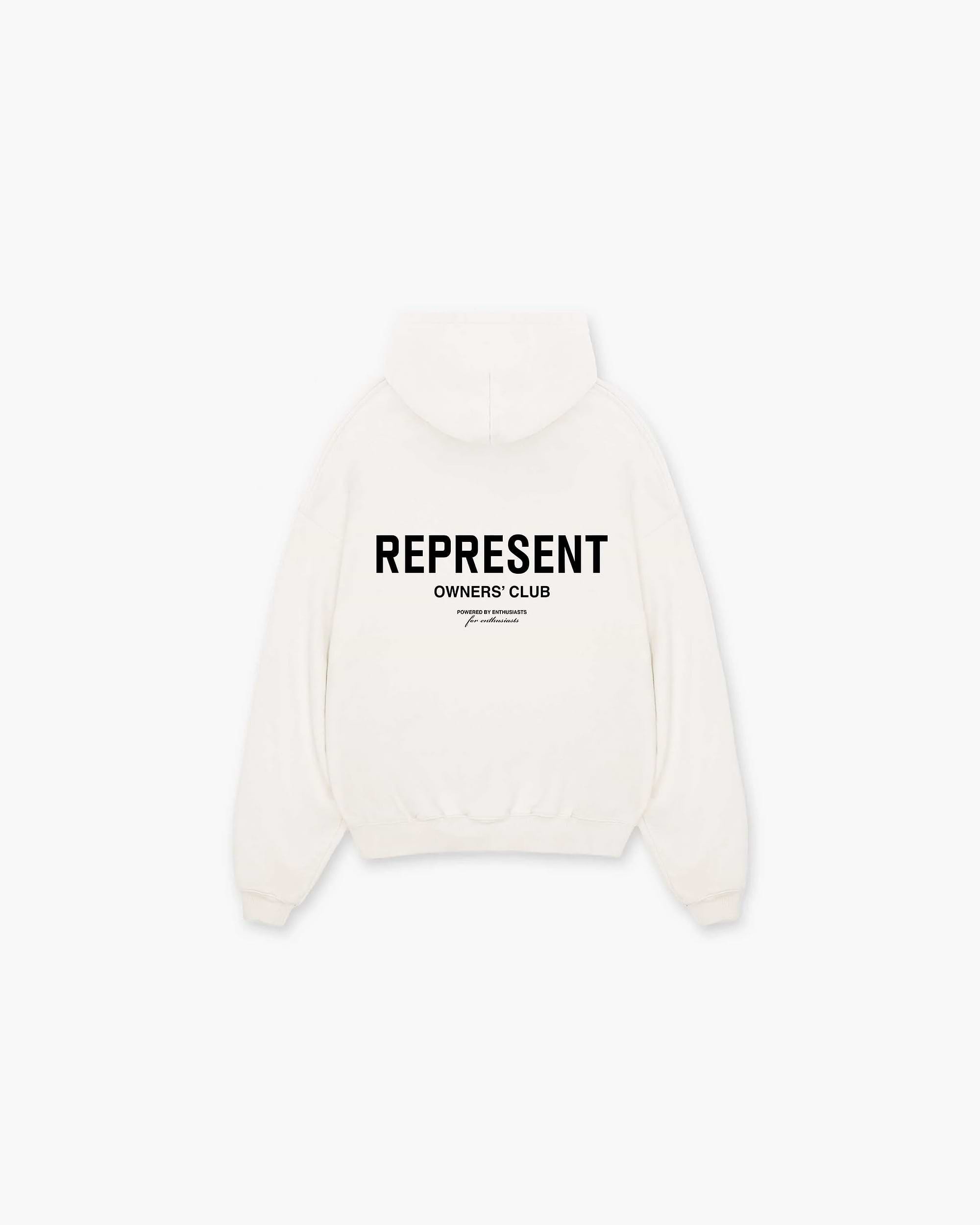 Front product image of a mens white hoodie on a plain white background | Represent Owners Club Hoodie in Flat White | Cotton blend hoodie with Owners Club logo | Owners Club Hoodies | Represent Clo