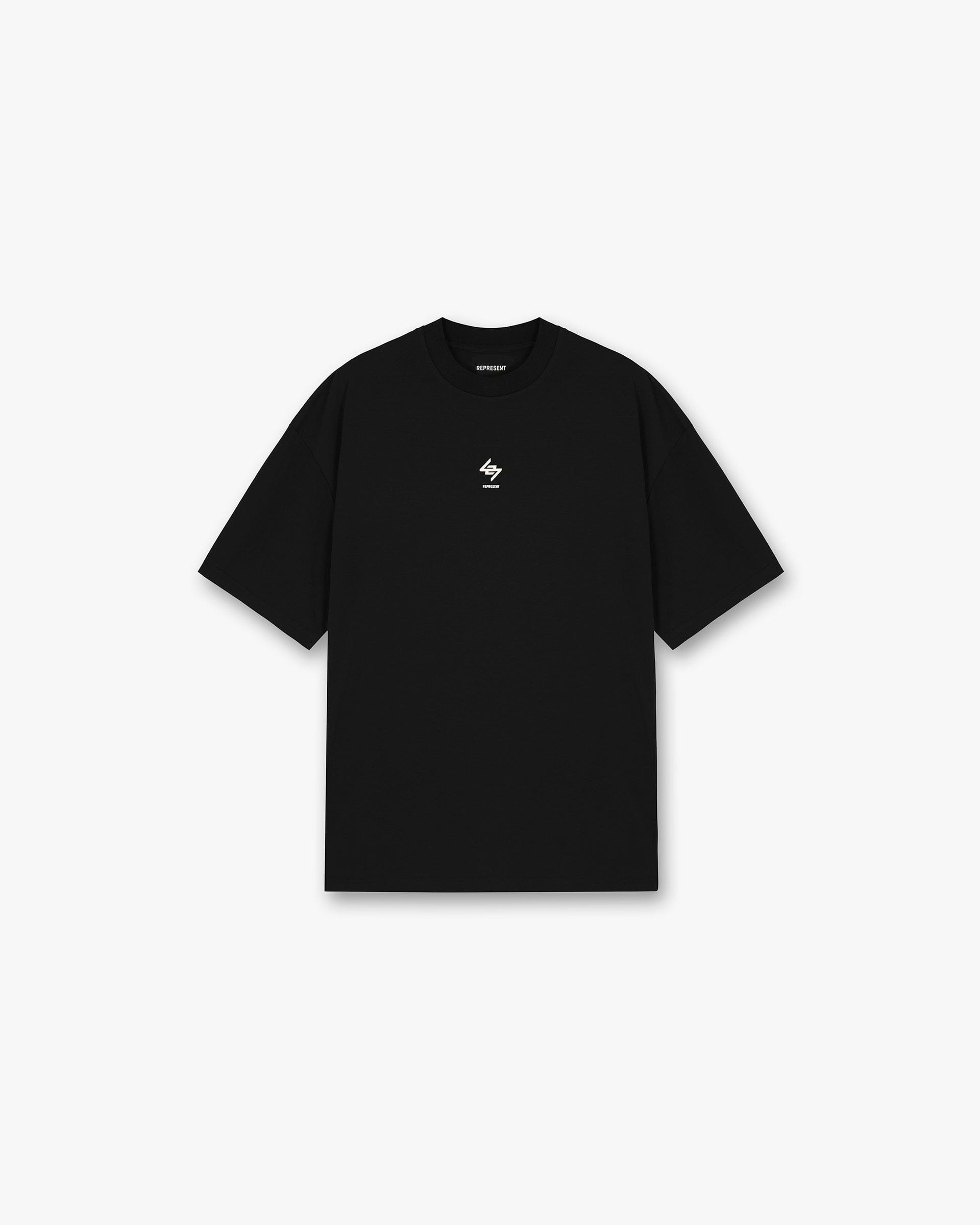Front product image of a mens black t-shirt on a plain white background | 247 Oversized T-Shirt in Jet Black | Oversized t-shirt with all over logo design | 247 T-Shirts | Represent Clo