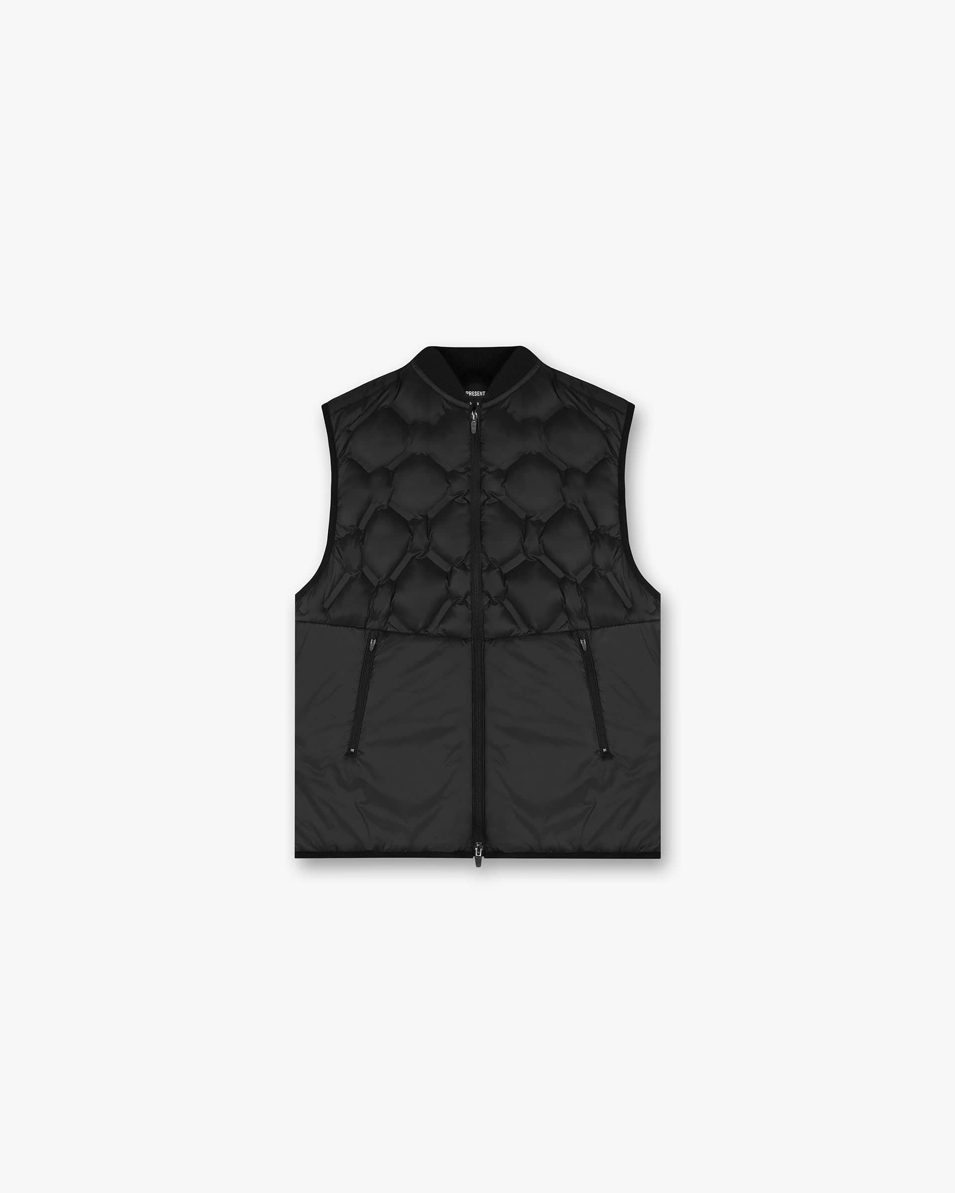 Front product image of a mens black gilet on a plain white background | 247 Lightweight Gilet in Black | Lightweight gilet for layering | 247 Outerwear | Represent Clo