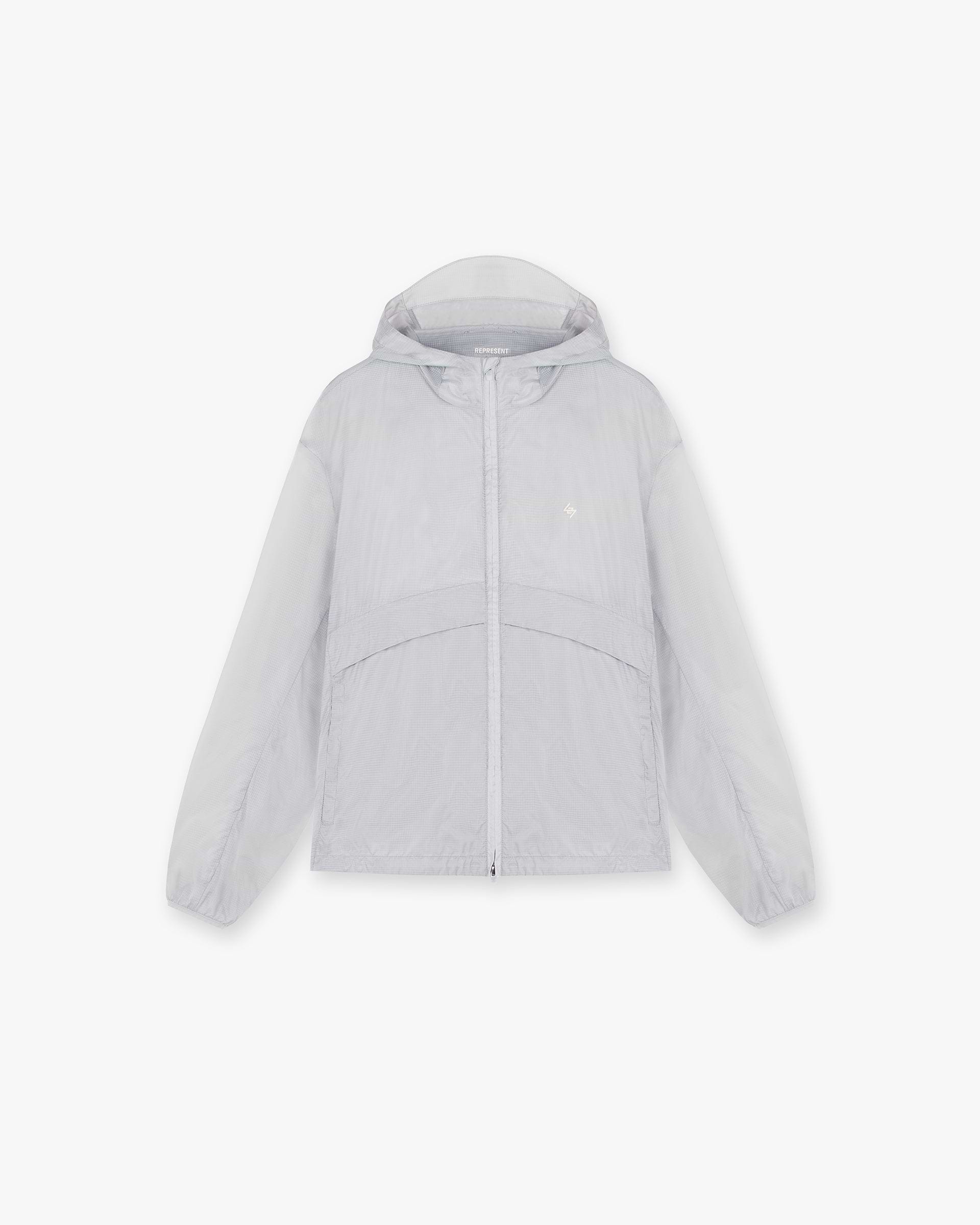 Front product image of a mens grey hooded jacket on a plain white background | 247 Hooded Training Jacket in Moonstone | Lightweight quick-dry outerwear | 247 Outerwear | Represent Clo