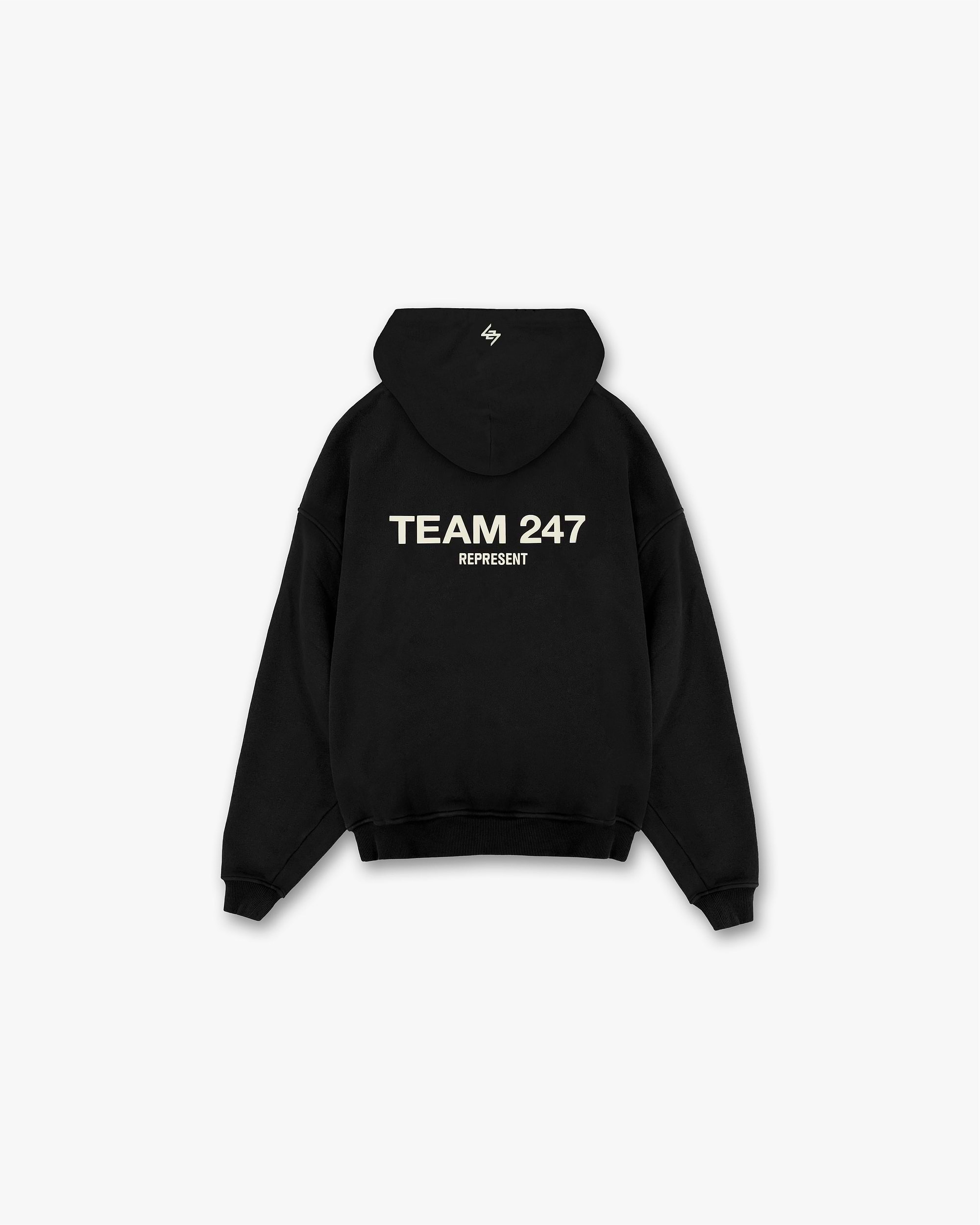 Back product image of a mens black hoodie on a plain white background | Team 247 Oversized Hoodie in Black | Oversized fit hoodie with ribbed cuffs and Team 247 branding | 247 Hoodies | Represent Clo