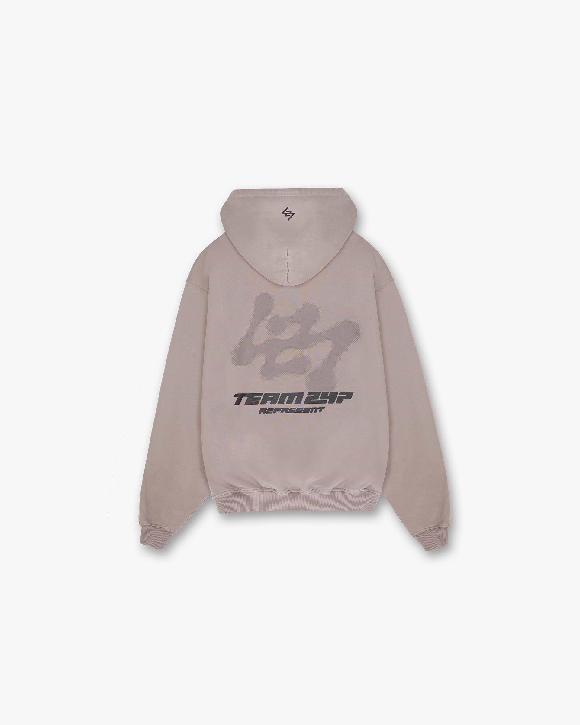 Back product image of a mens grey hoodie on a plain white background | 247 Future Terrains Oversized Hoodie in Moonrock | Hoodie with ribbed hem and cuffs | 247 Hoodies | Represent Clo