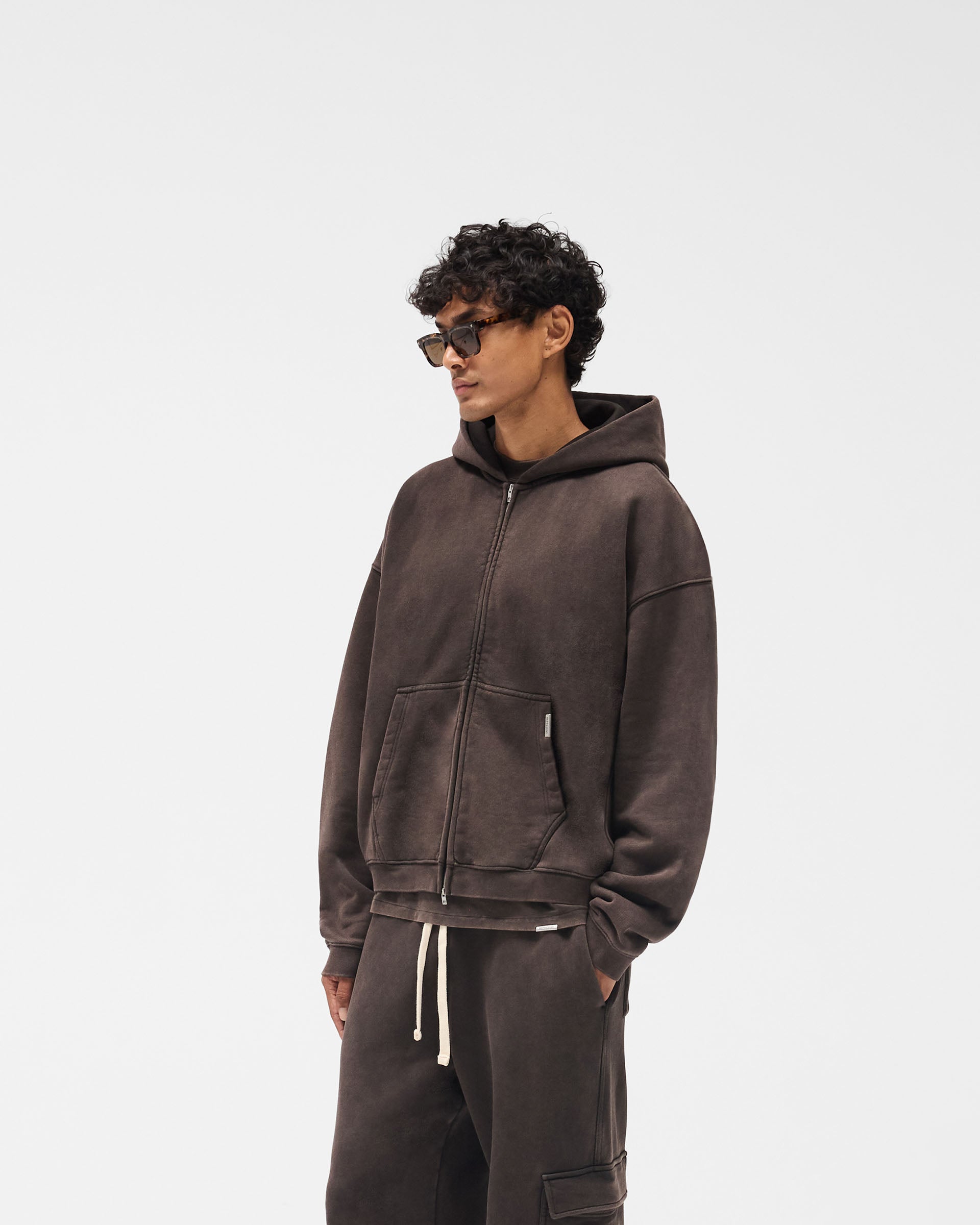 Initial Boxy Zip Through Hoodie - Coffee